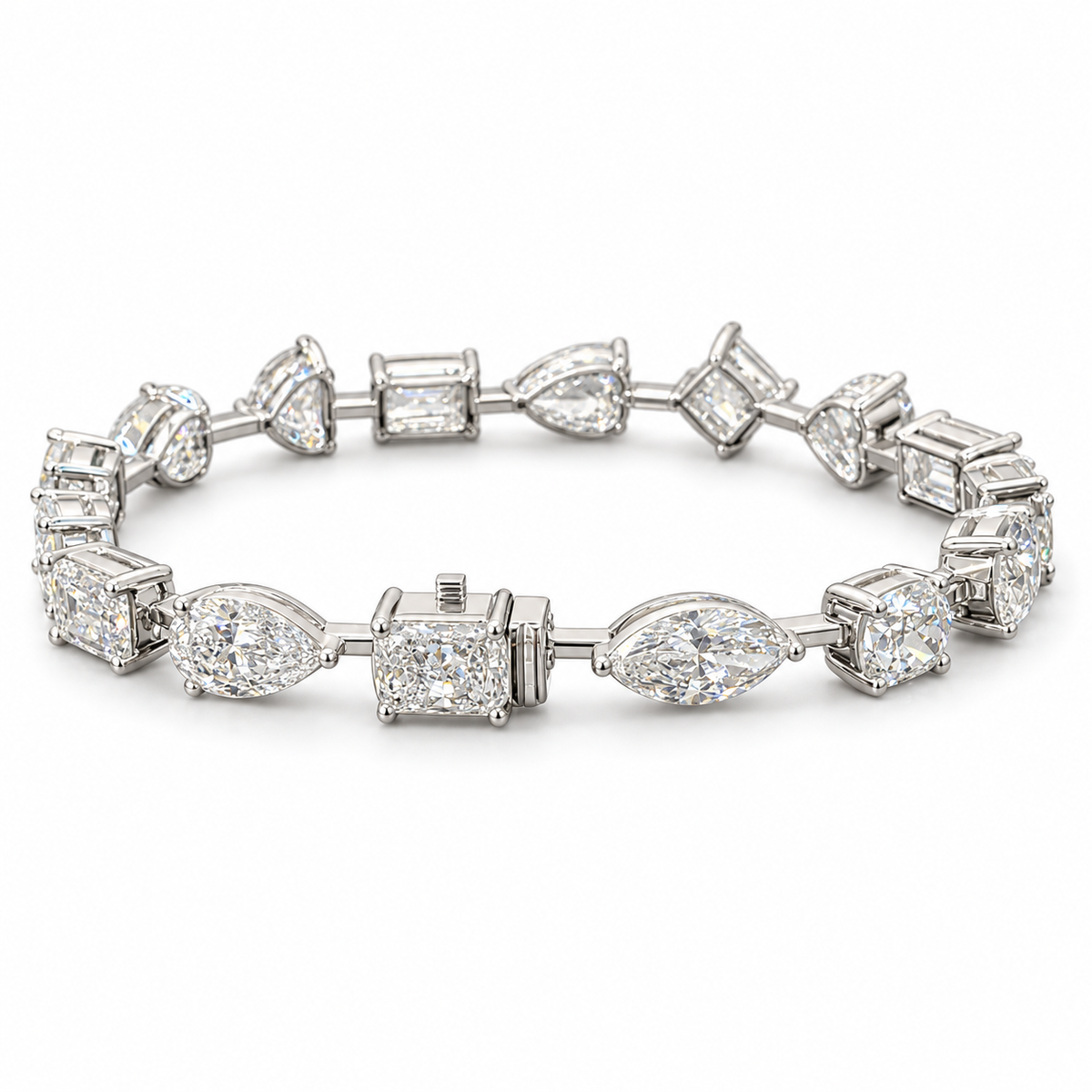 Mixed-cut lab-grown diamond bracelet in 18K white gold, full closed loop on white background