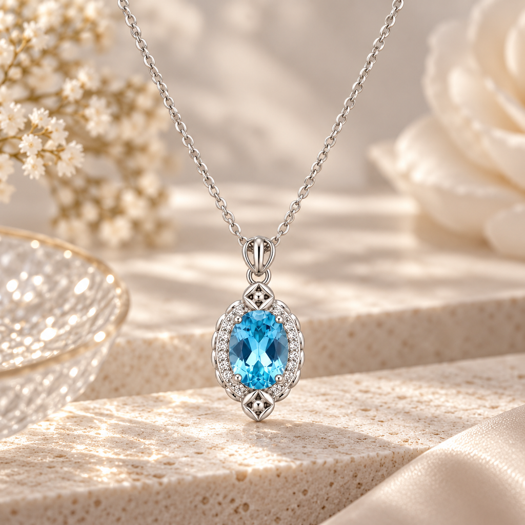 Natural Blue Topaz Pendant Necklace in Sterling Silver – Vintage-Inspired Fine Jewelry Gift for Women