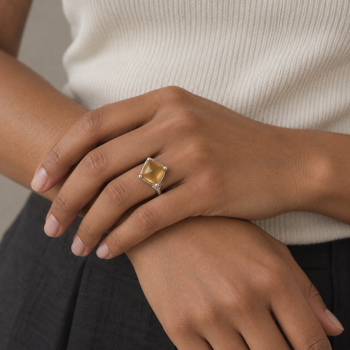 A Map on the Table — yellow citrine ring, AI-assisted editorial wearing view [asset:e383532ff3f7]