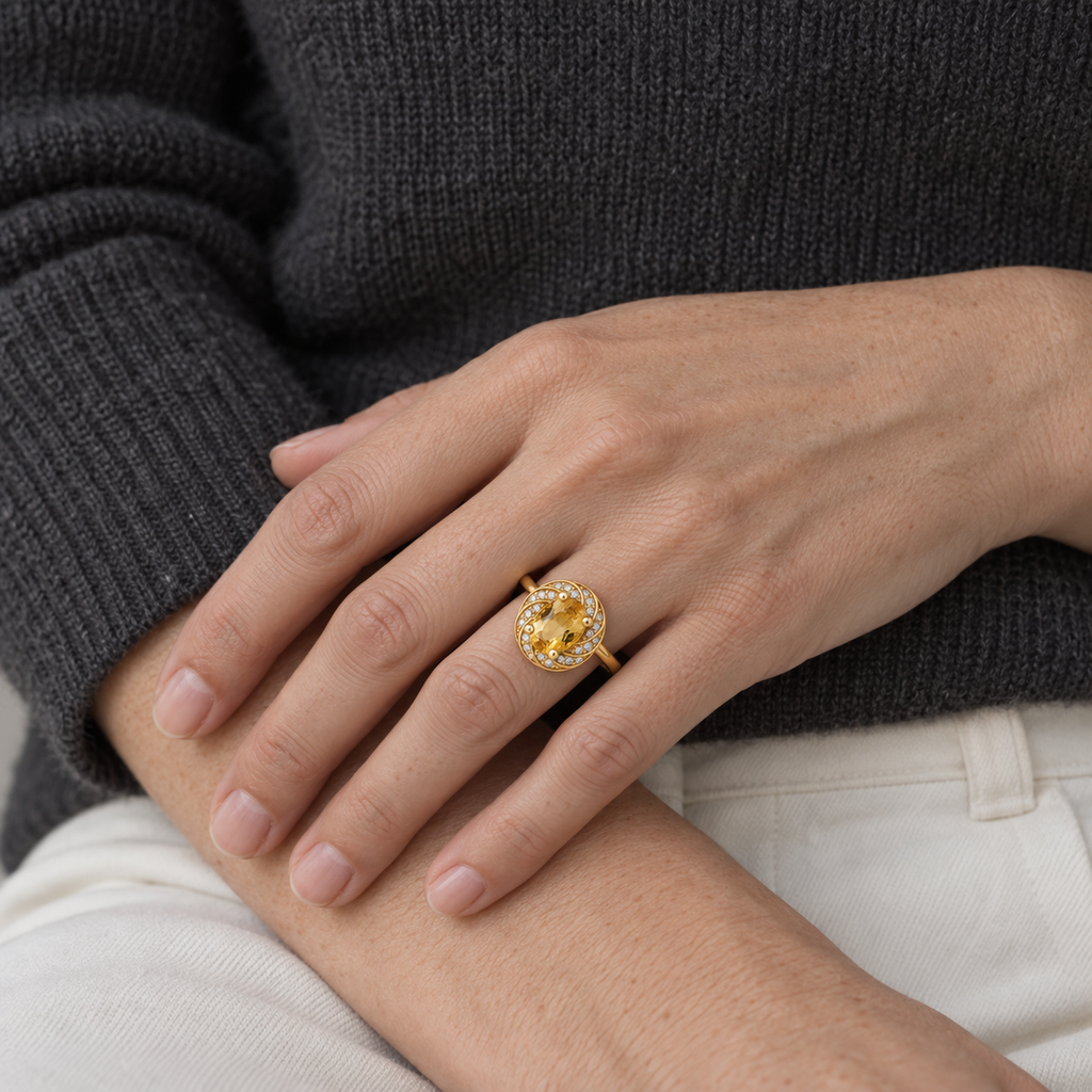 A Place at the Table — yellow topaz ring, AI-assisted editorial wearing view [asset:0752fc078b36]