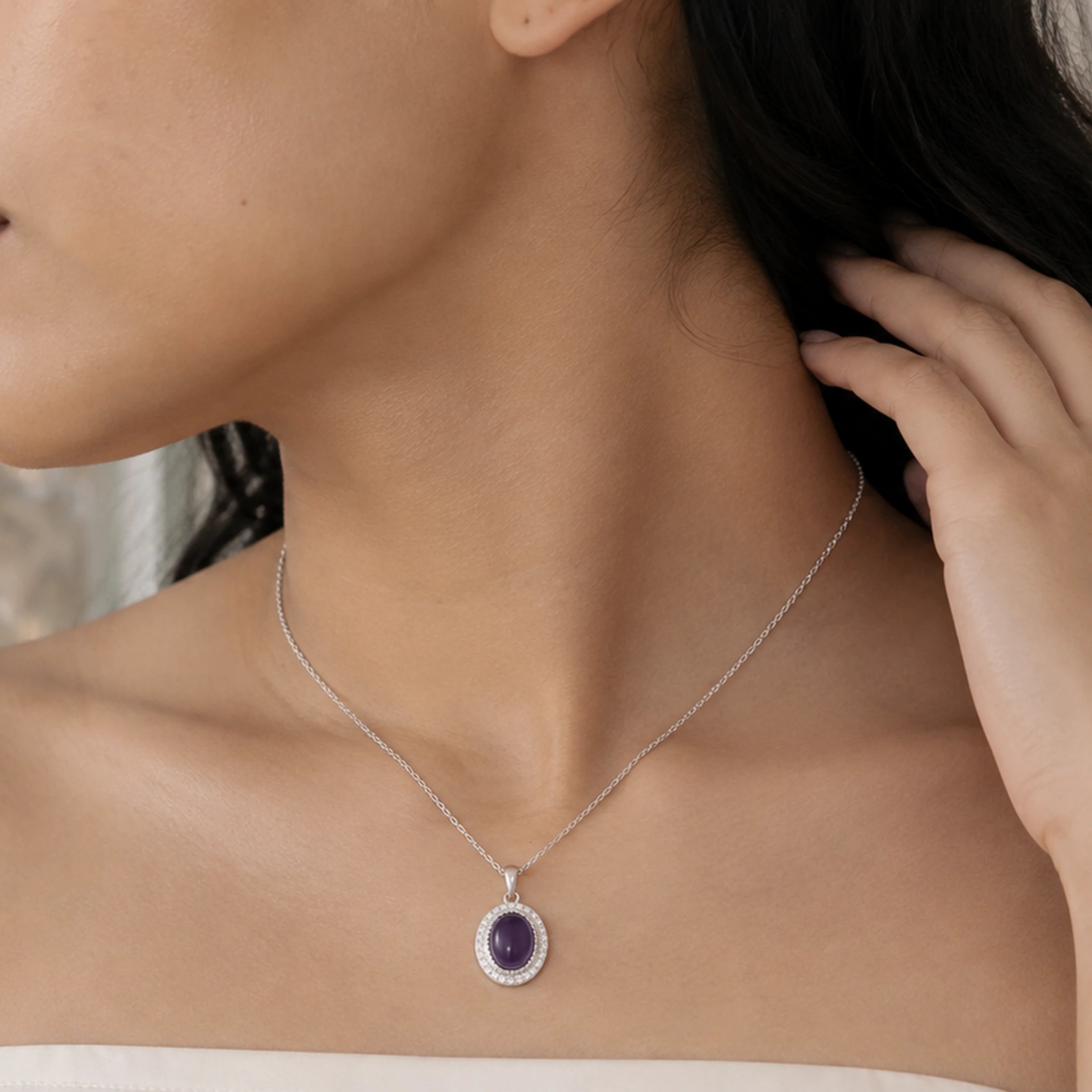After the Last Goodbye — violet amethyst pendant, AI-assisted editorial wearing view [asset:2f341f100c1c]