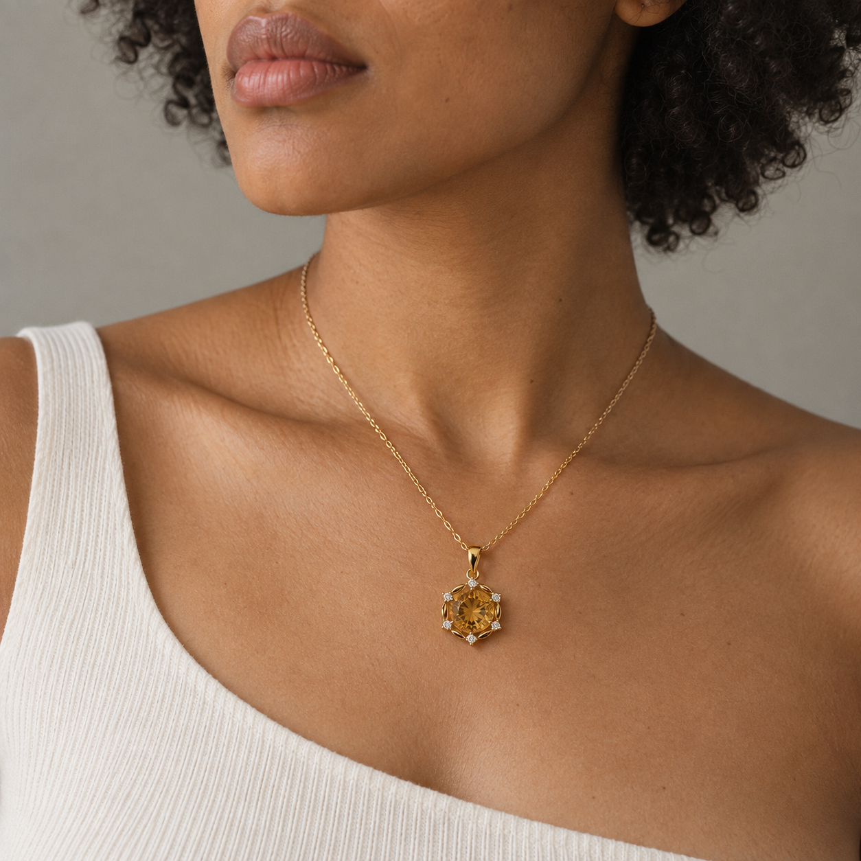 Before the Applause — yellow citrine pendant, AI-assisted editorial wearing view [asset:ae4a00822de4]