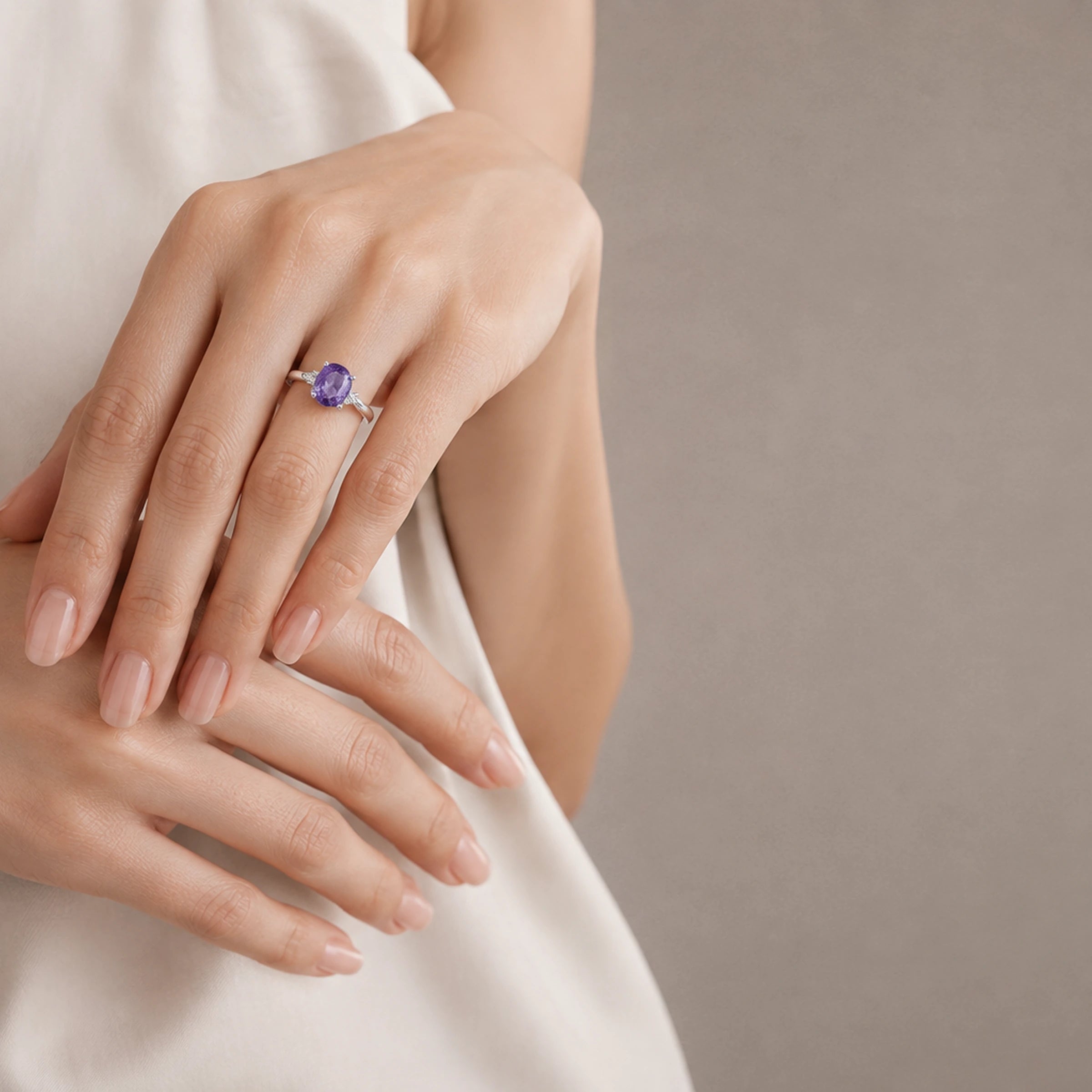 On My Own Terms — violet topaz ring, AI-assisted editorial wearing view