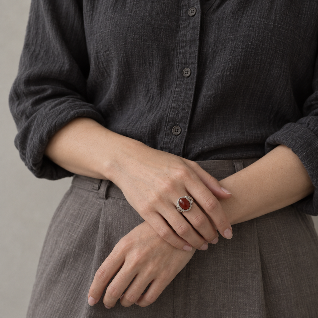 Side Two — red-brown agate ring, AI-assisted editorial wearing view [asset:ac5941cebdf3]