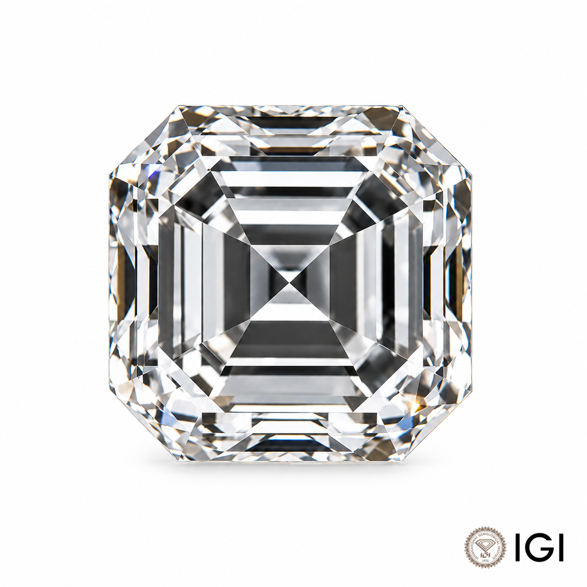 Loose asscher cut lab-grown diamond on a white background with IGI mark; appearance visualization.