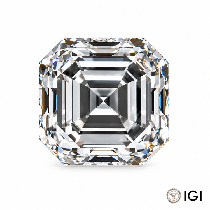 Loose asscher cut lab-grown diamond on a white background with IGI mark; appearance visualization.