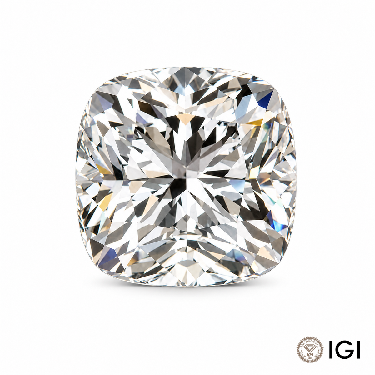 Loose cushion cut lab-grown diamond on a white background with IGI mark; appearance visualization.