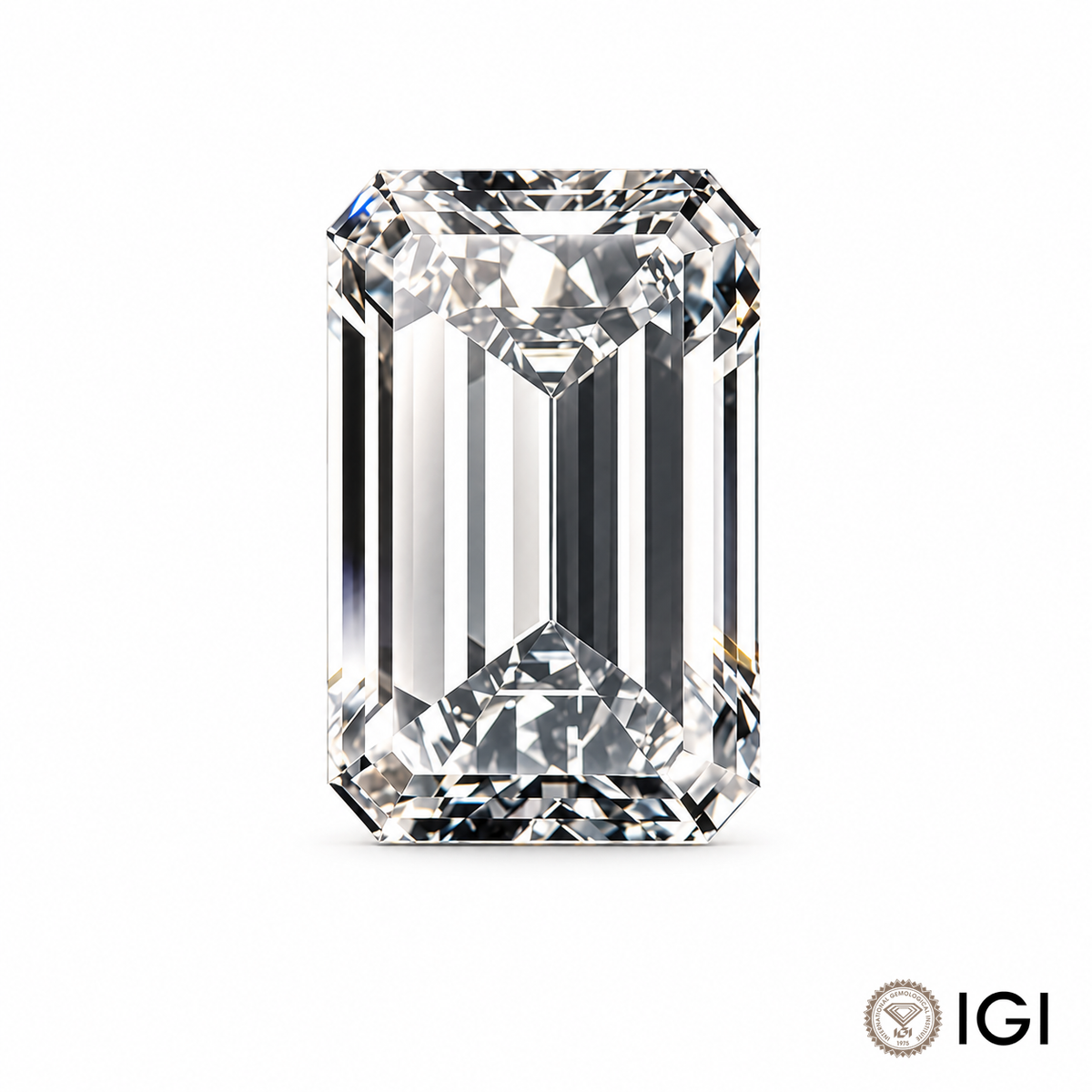 Loose emerald cut lab-grown diamond on a white background with IGI mark; appearance visualization.