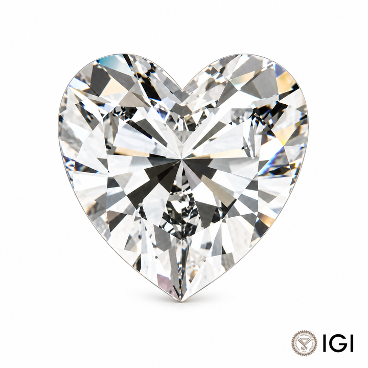 Loose heart cut lab-grown diamond on a white background with IGI mark; appearance visualization.