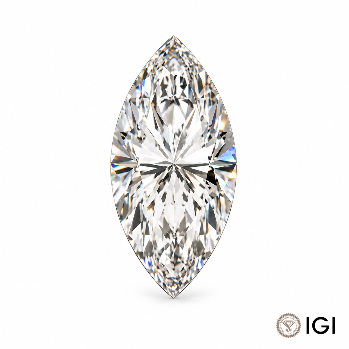 Loose marquise cut lab-grown diamond on a white background with IGI mark; appearance visualization.