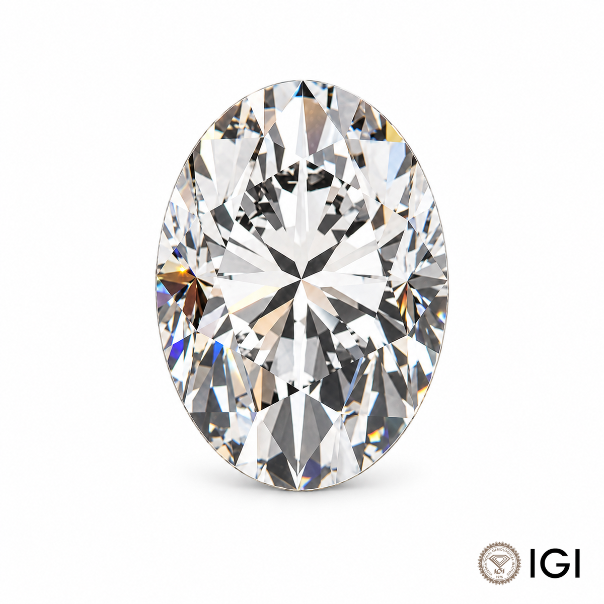 Loose oval cut lab-grown diamond on a white background with IGI mark; appearance visualization.