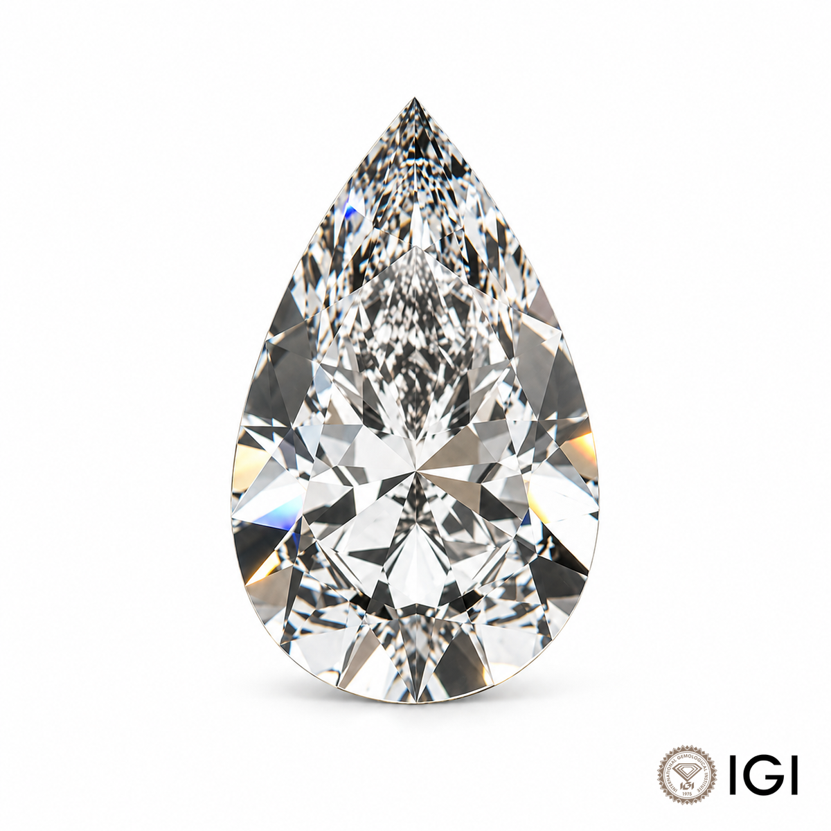 Loose pear cut lab-grown diamond on a white background with IGI mark; appearance visualization.