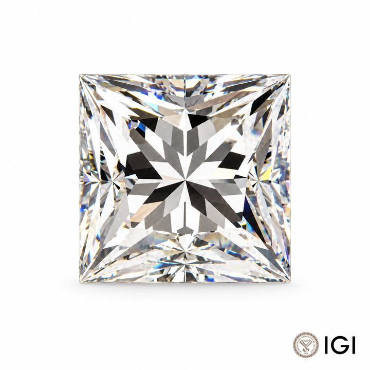 Loose princess cut lab-grown diamond on a white background with IGI mark; appearance visualization.