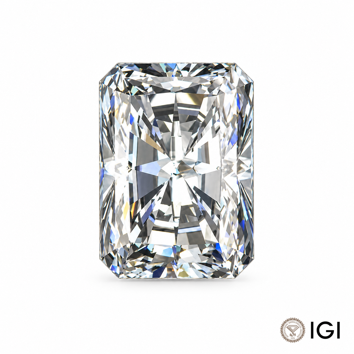 Loose radiant cut lab-grown diamond on a white background with IGI mark; appearance visualization.