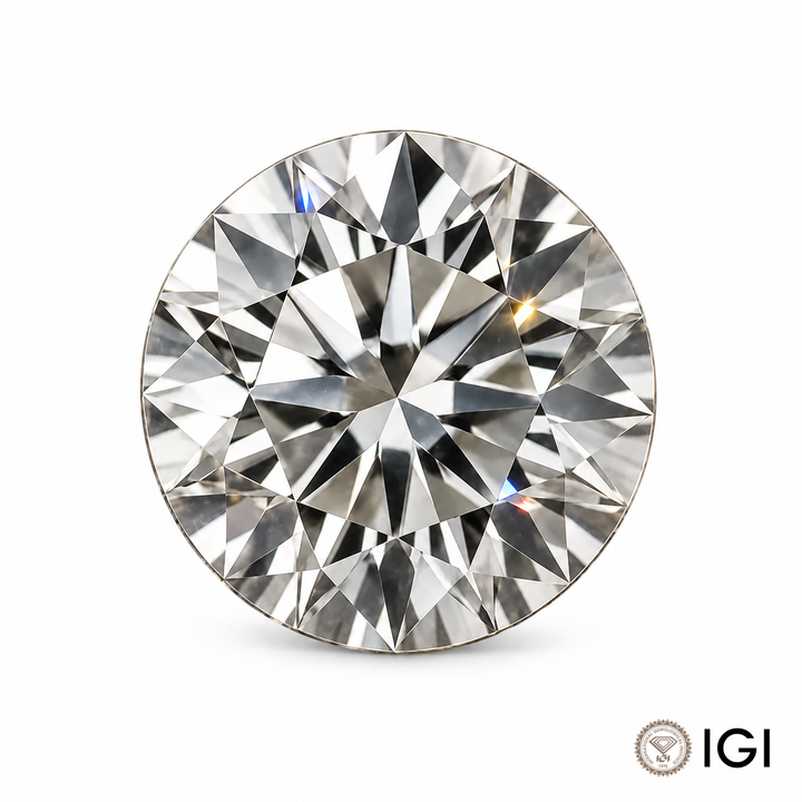 Loose round cut lab-grown diamond on a white background with IGI mark; appearance visualization.