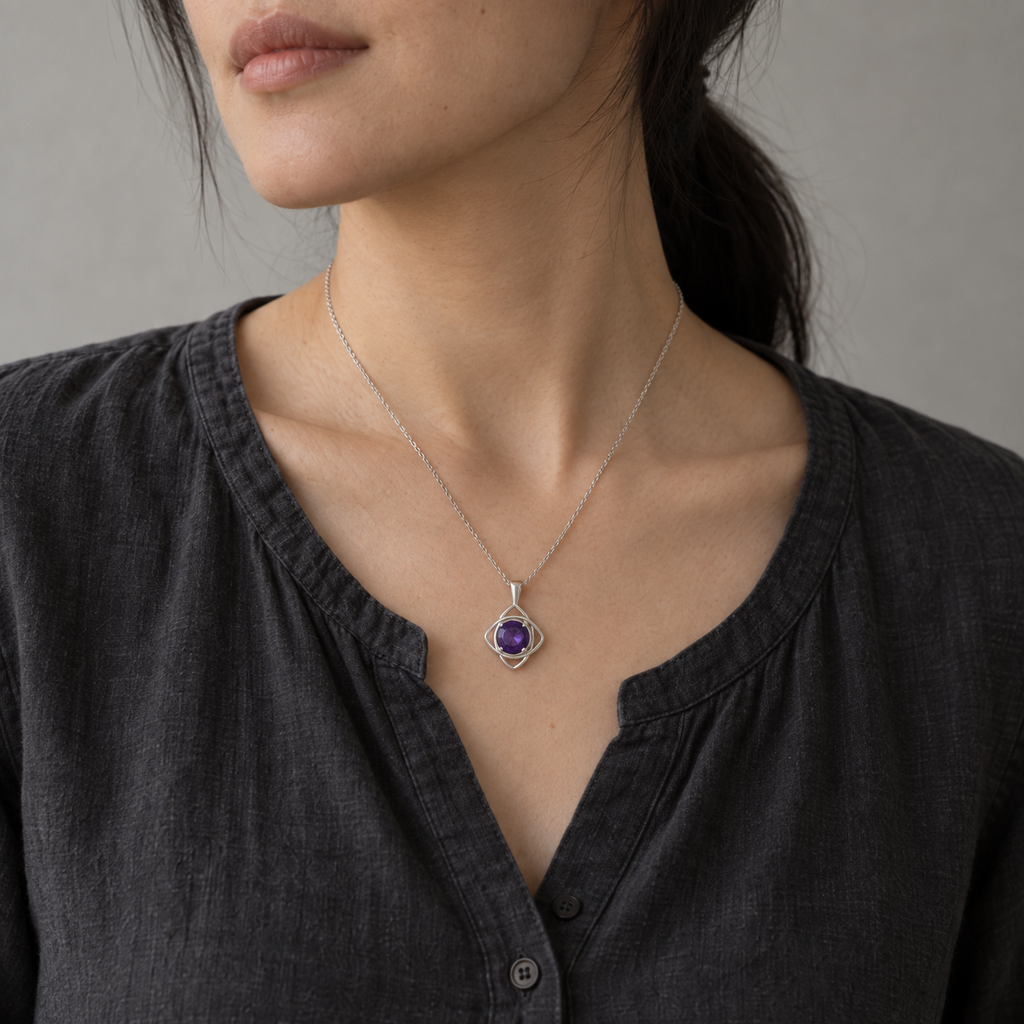 The Knot We Left Loose — violet amethyst pendant, AI-assisted editorial wearing view [asset:3ca93d2eeb33]