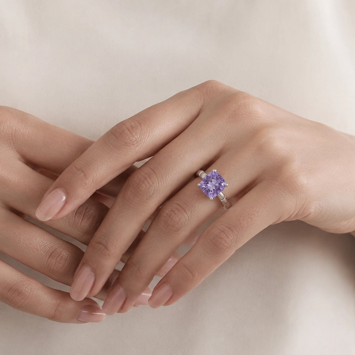The Letter I Kept — violet topaz ring, AI-assisted editorial wearing view