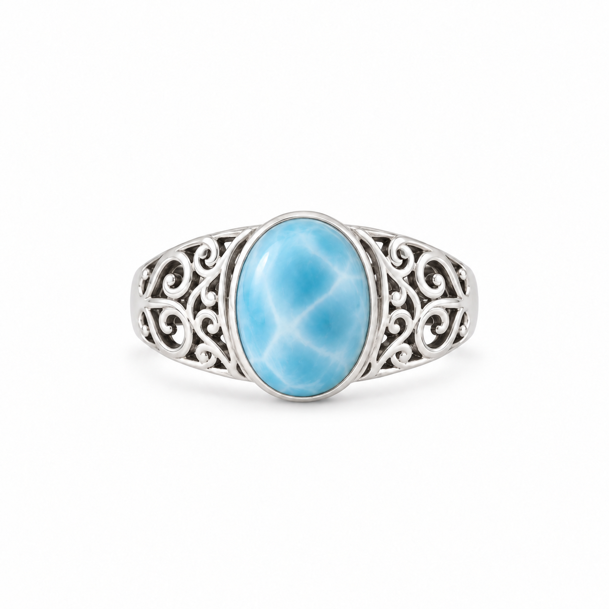 The Street That Stayed — pale blue with white veining in the reference larimar ring, white-background product view [asset:9413f5c142f3]