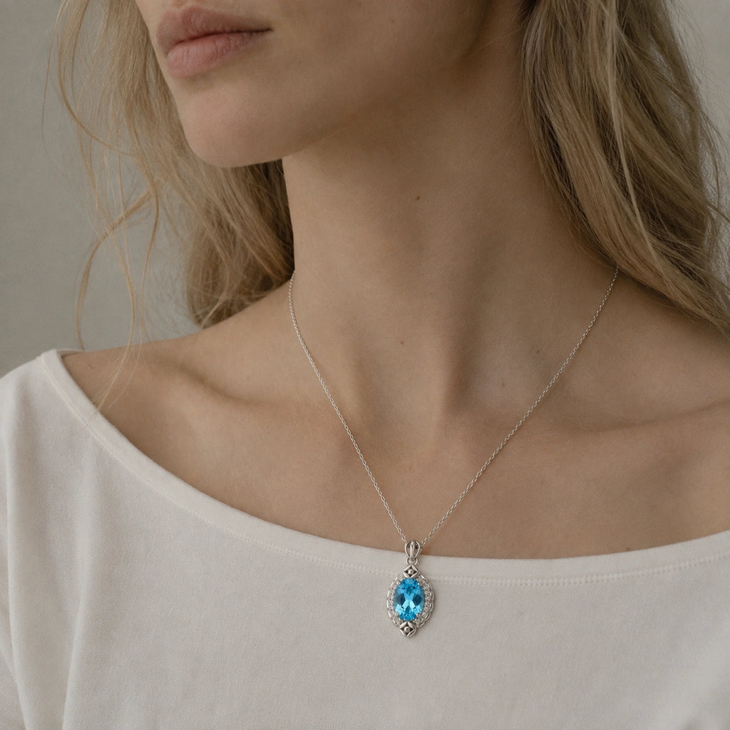 The Way Back to You — blue topaz pendant, AI-assisted editorial wearing view [asset:3b120e38bae7]