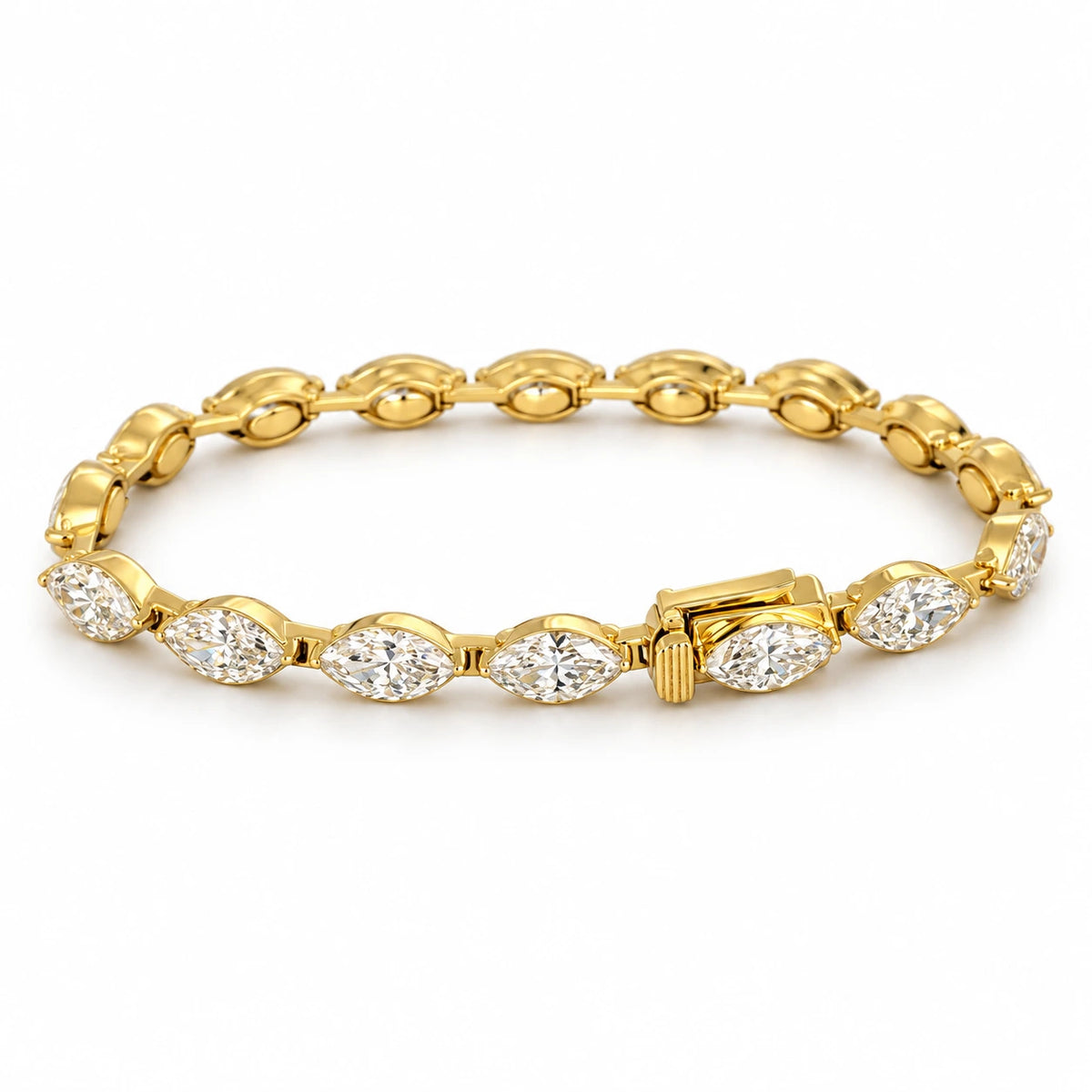 Marquise-cut lab-grown diamond tennis bracelet in 18K yellow gold on white background