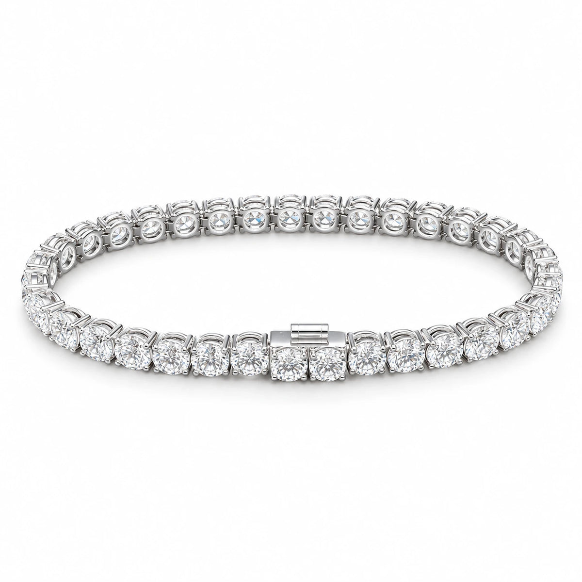 Round-cut lab-grown diamond tennis bracelet in 18K white gold on white background