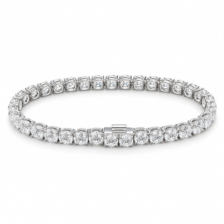 Round-cut lab-grown diamond tennis bracelet in 18K white gold on white background