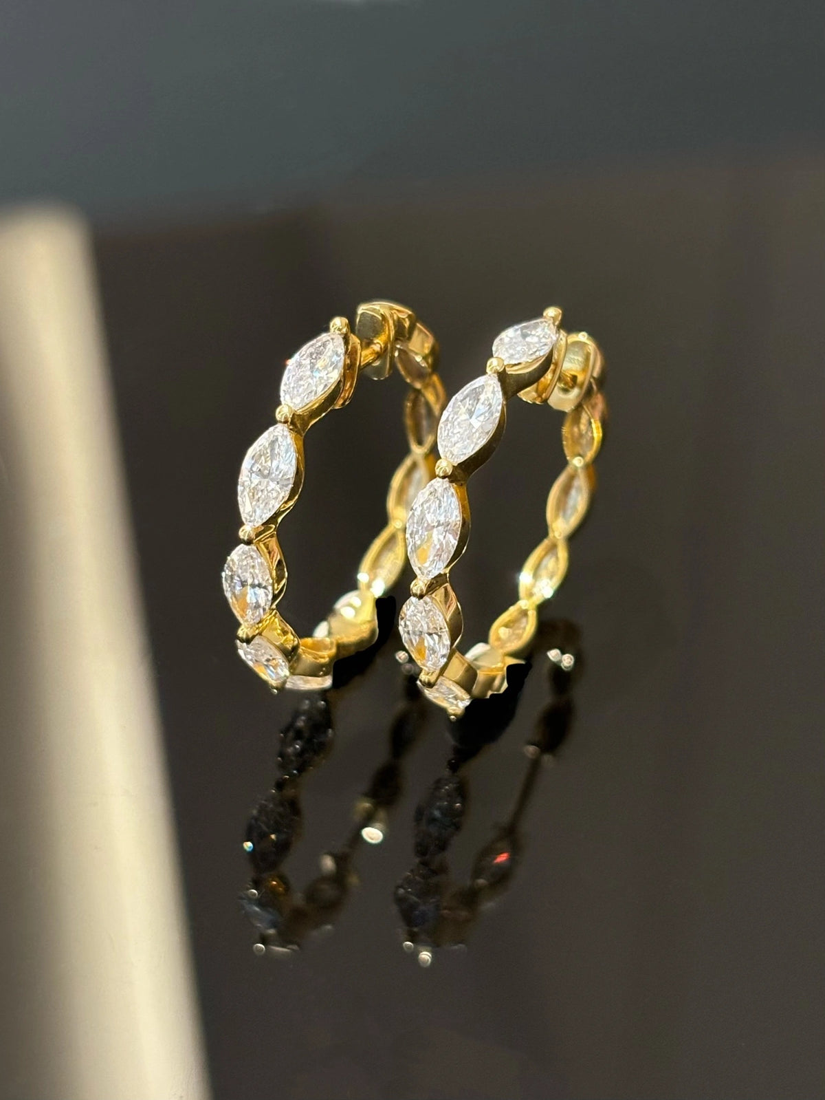 Marquise-cut diamond hoop earrings in 18K yellow gold, original detail view 1
