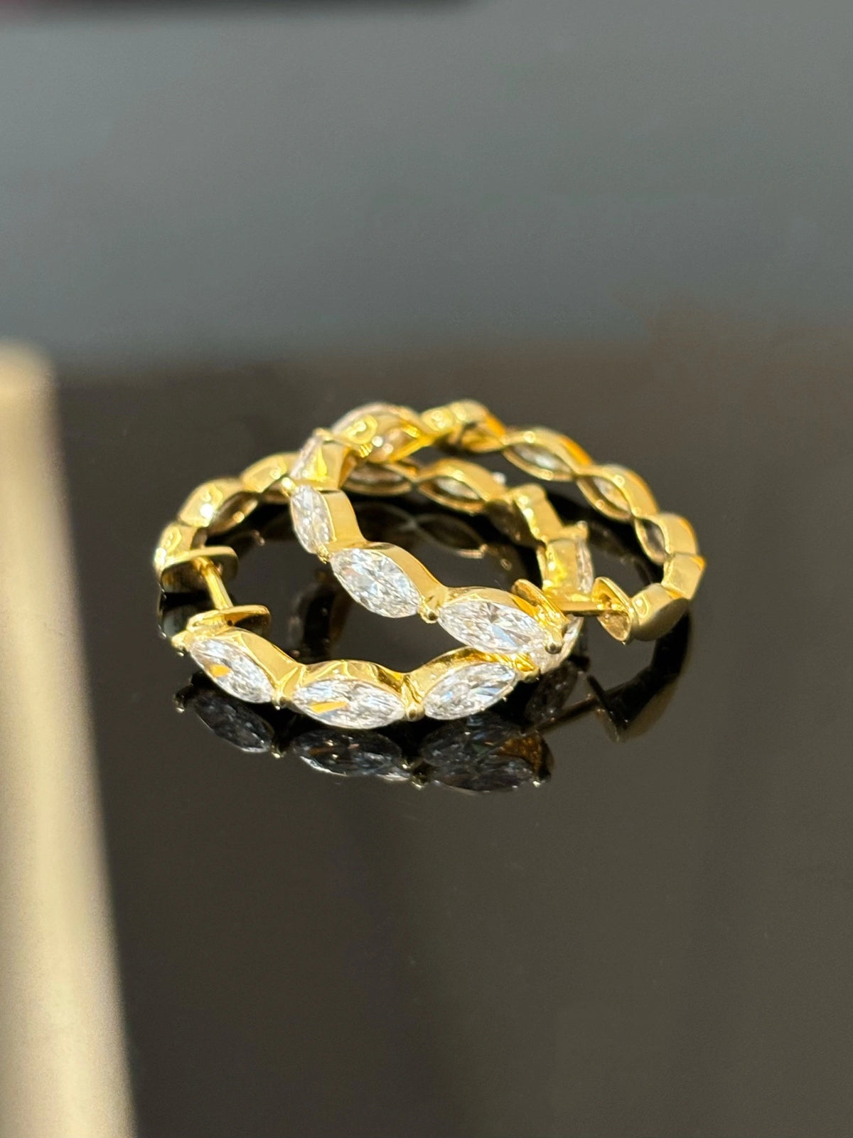 Marquise-cut diamond hoop earrings in 18K yellow gold, original detail view 2