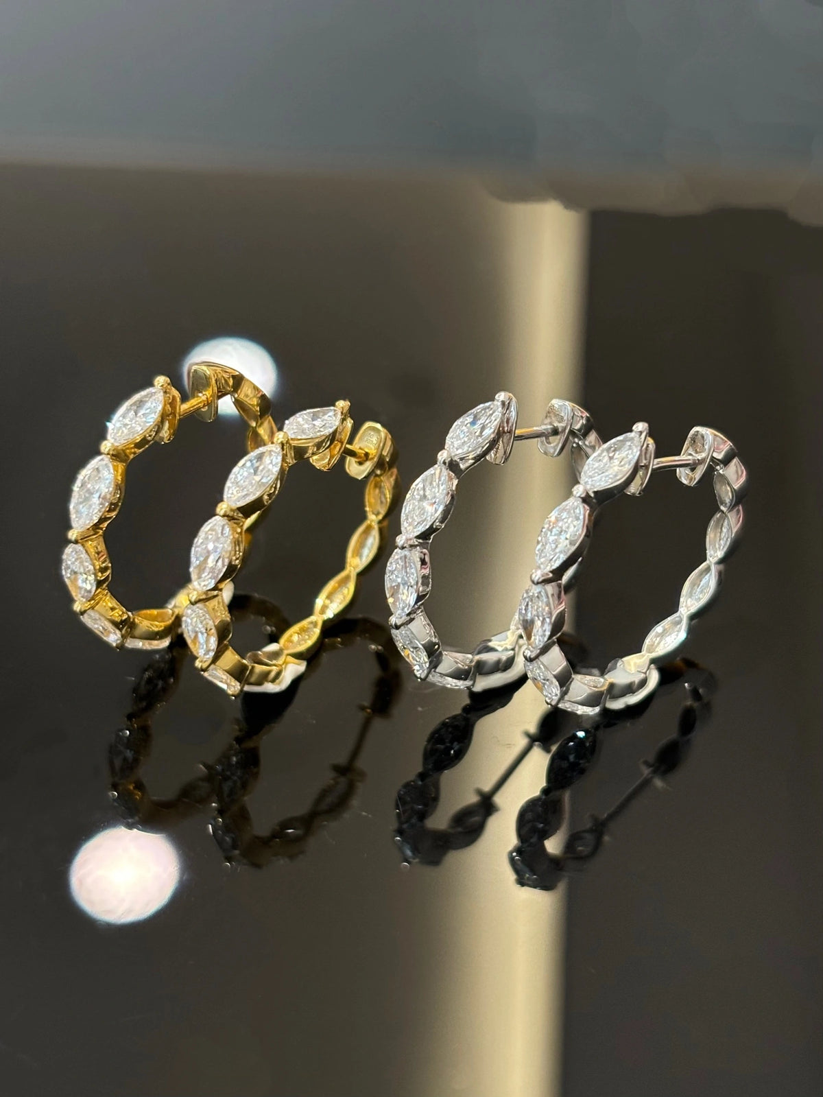 Marquise-cut diamond hoop earrings in 18K yellow and white gold, original detail view 3