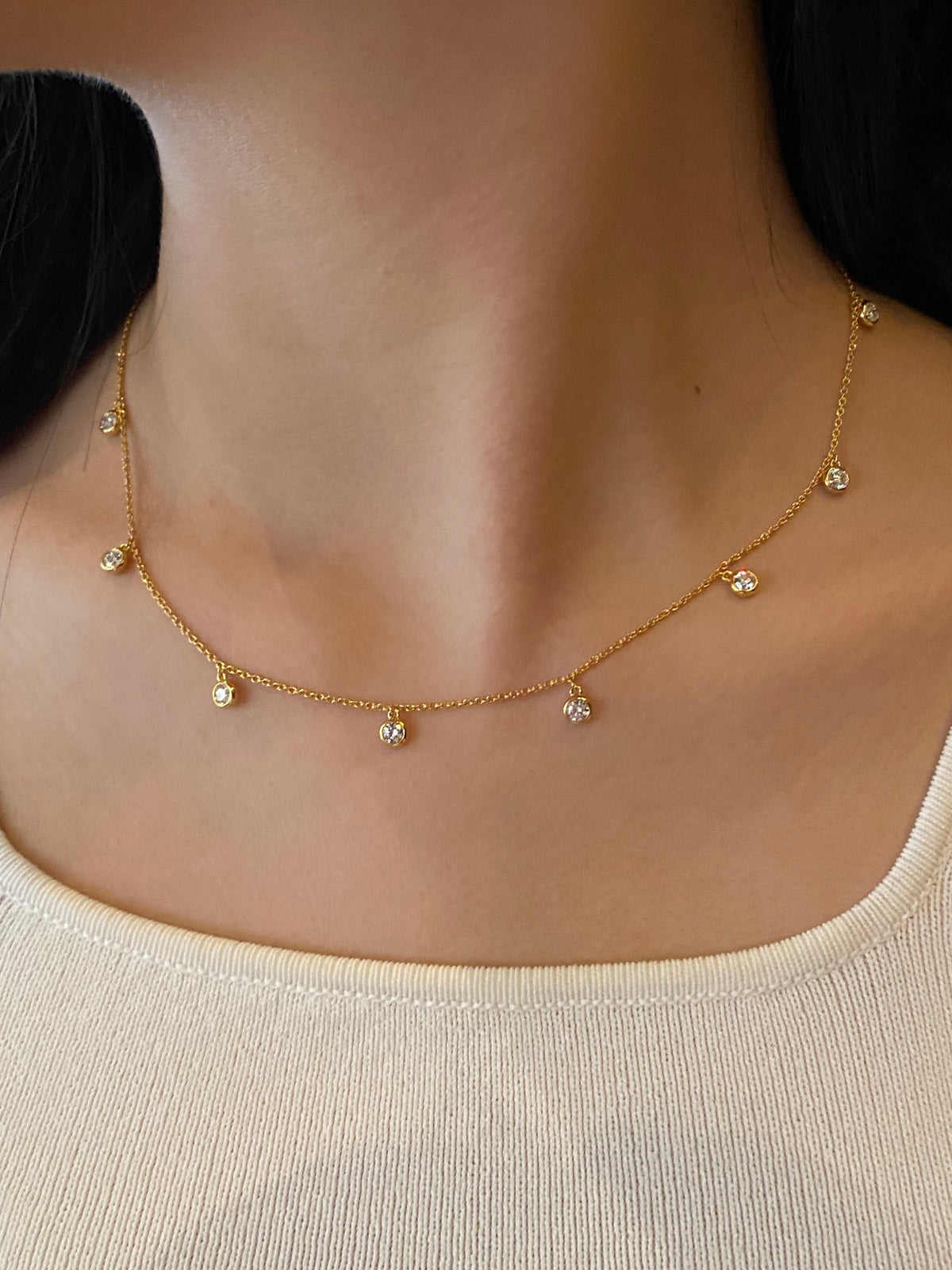 Ten-stone round lab-grown diamond necklace, original wearing view 1