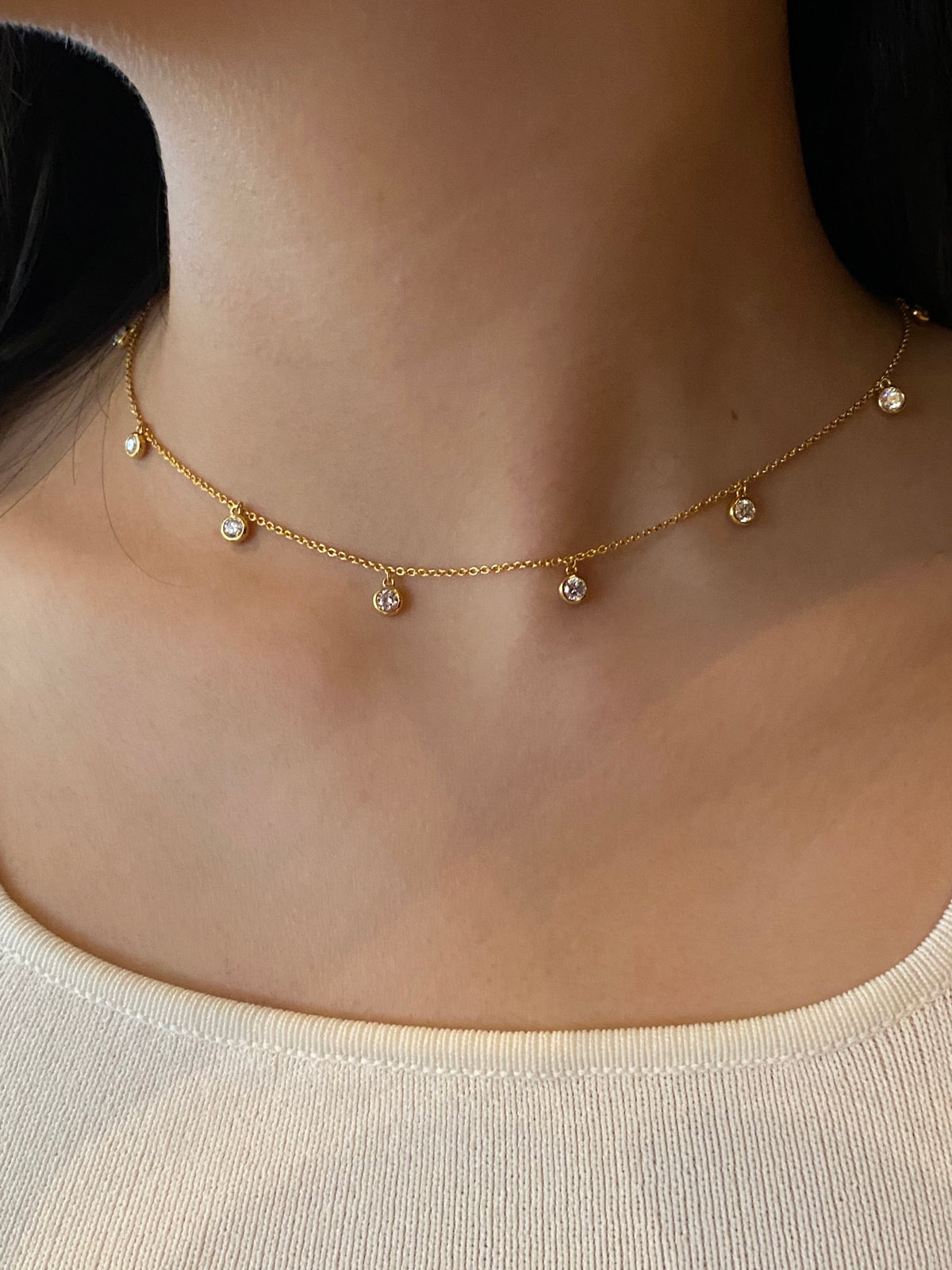 Ten-stone round lab-grown diamond necklace, original wearing view 2