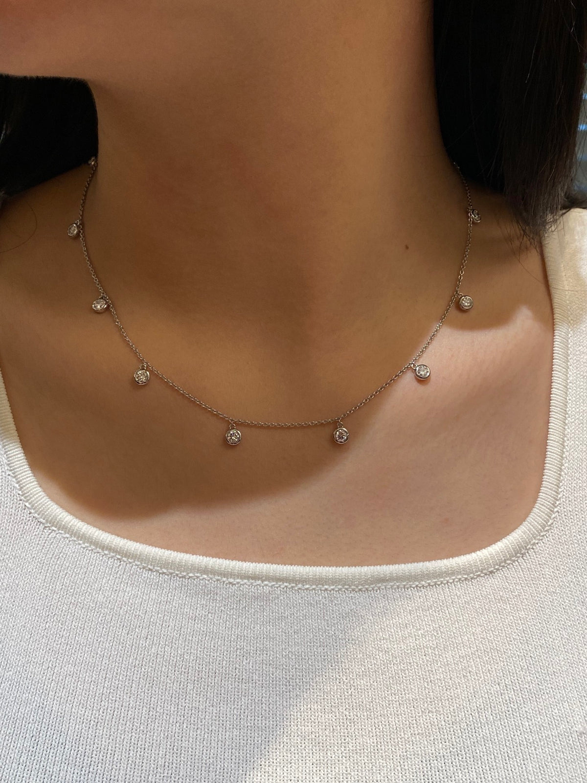 Ten-stone round lab-grown diamond necklace, original wearing view 4