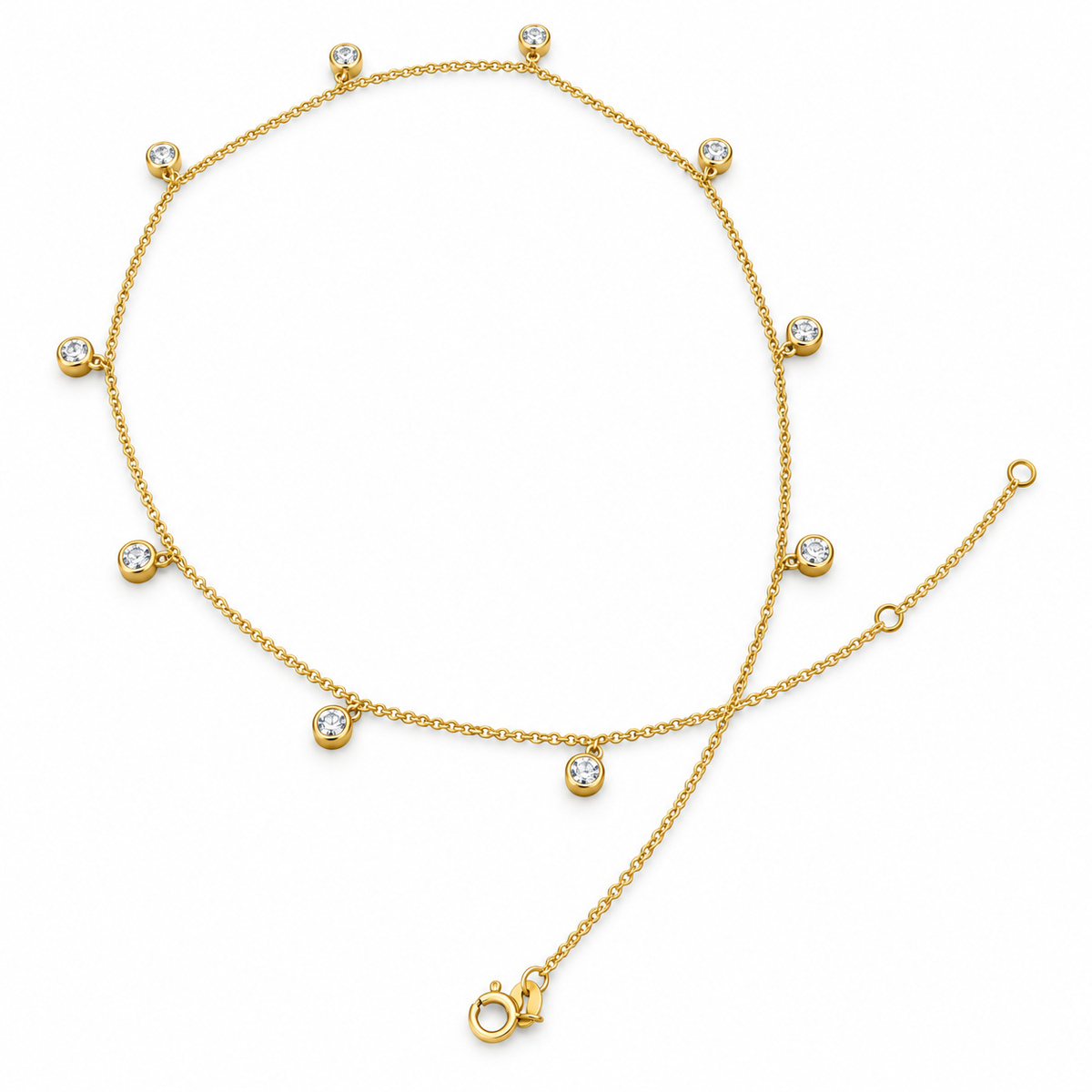 Ten round lab-grown diamond drops on a 18K yellow gold necklace, white background