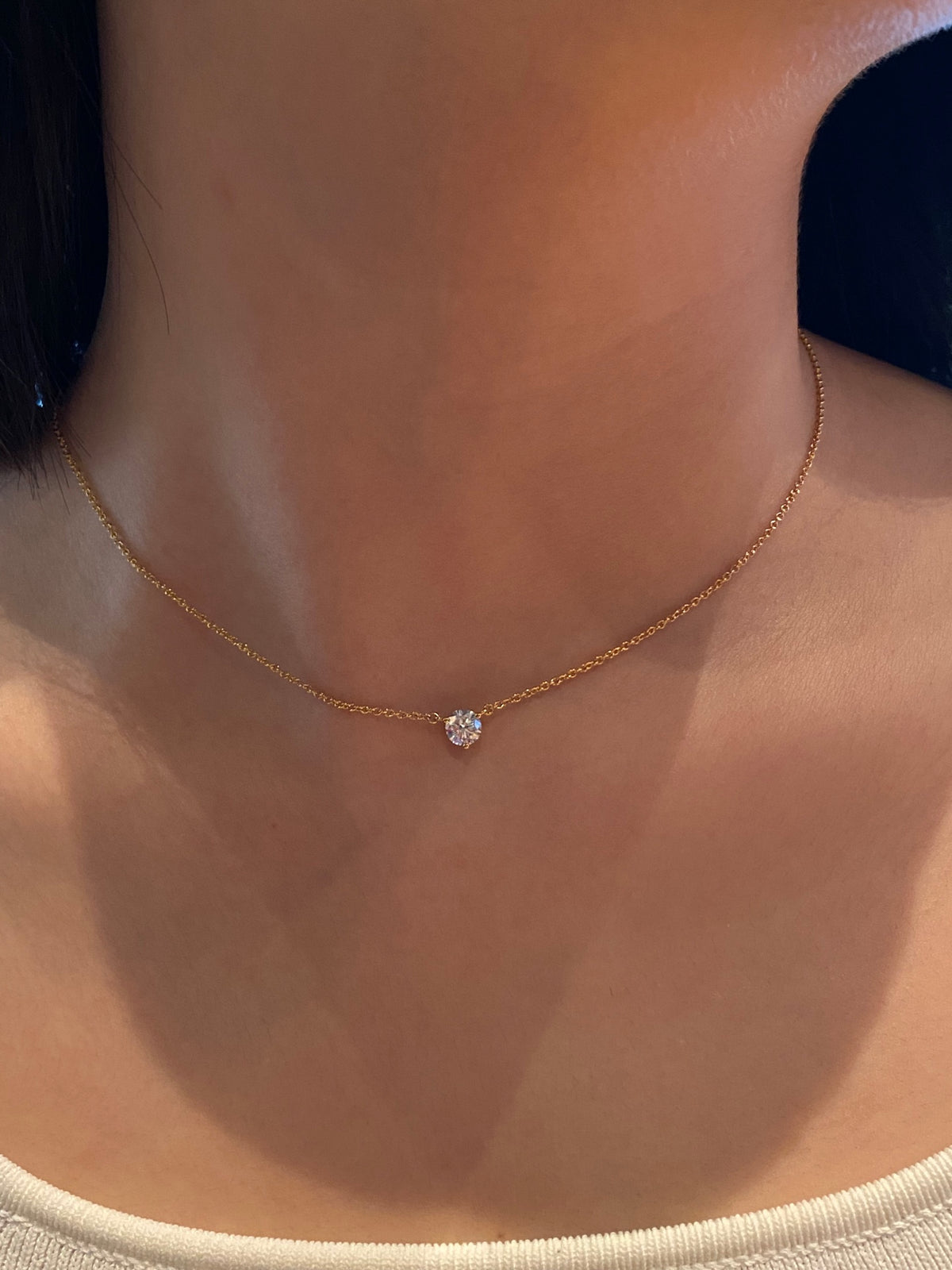 Round solitaire lab-grown diamond necklace, original wearing view 5