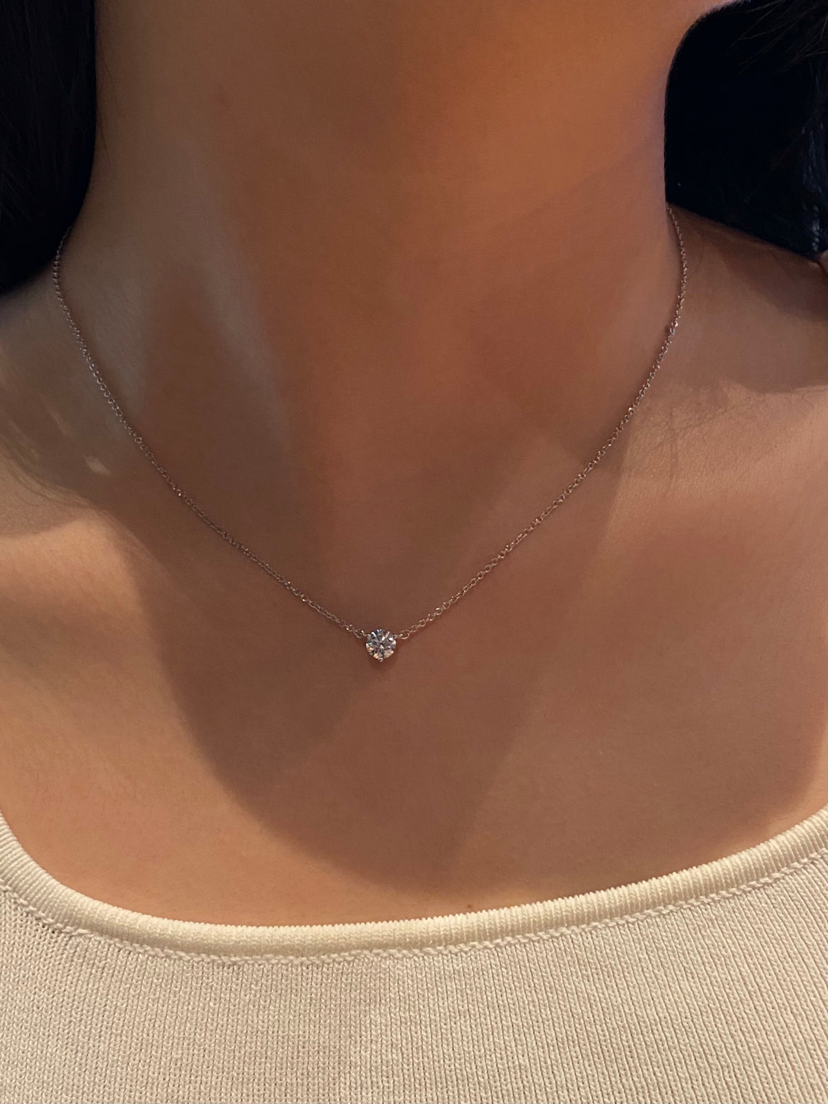 Round solitaire lab-grown diamond necklace, original wearing view 1