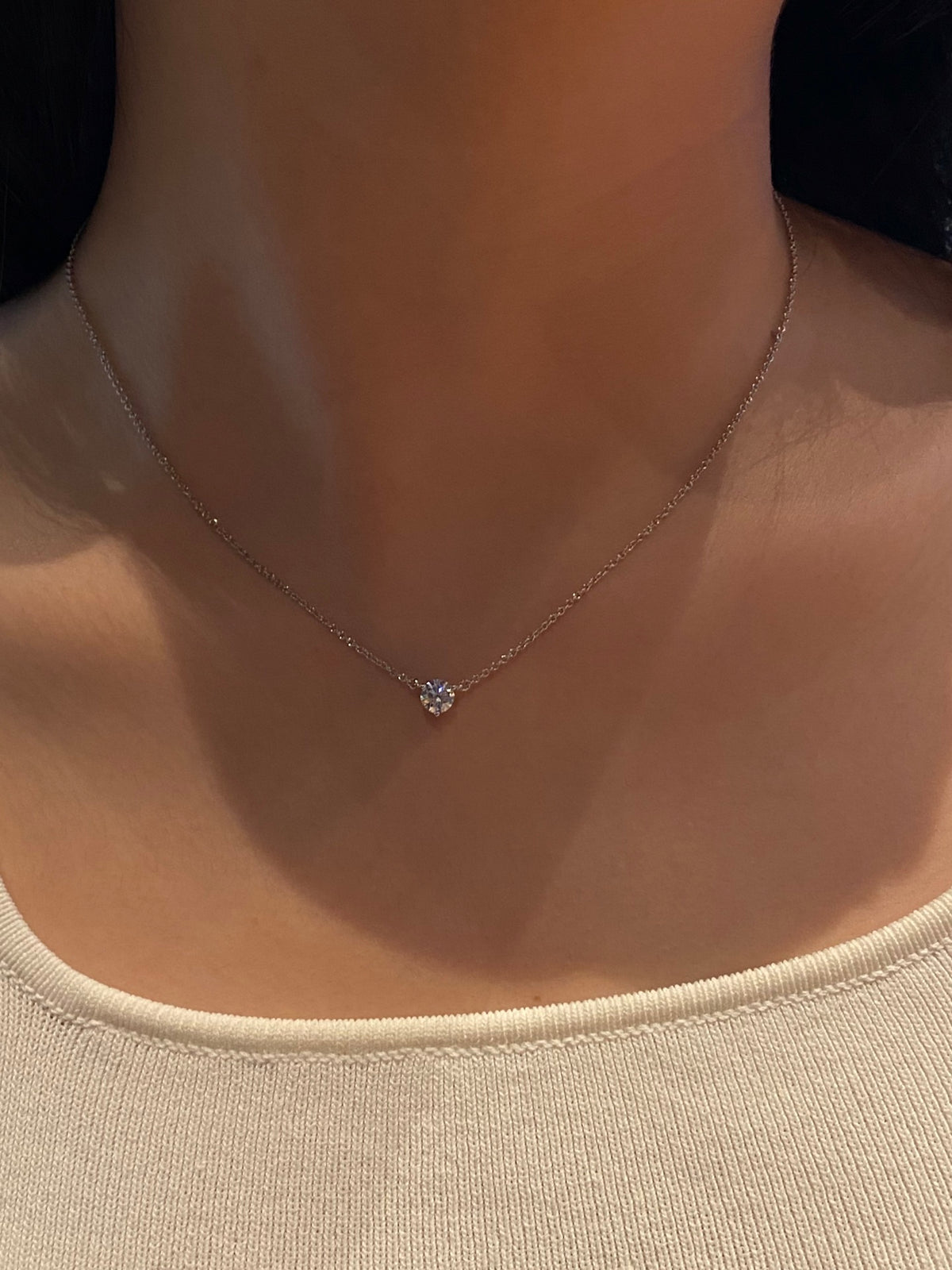 Round solitaire lab-grown diamond necklace, original wearing view 2