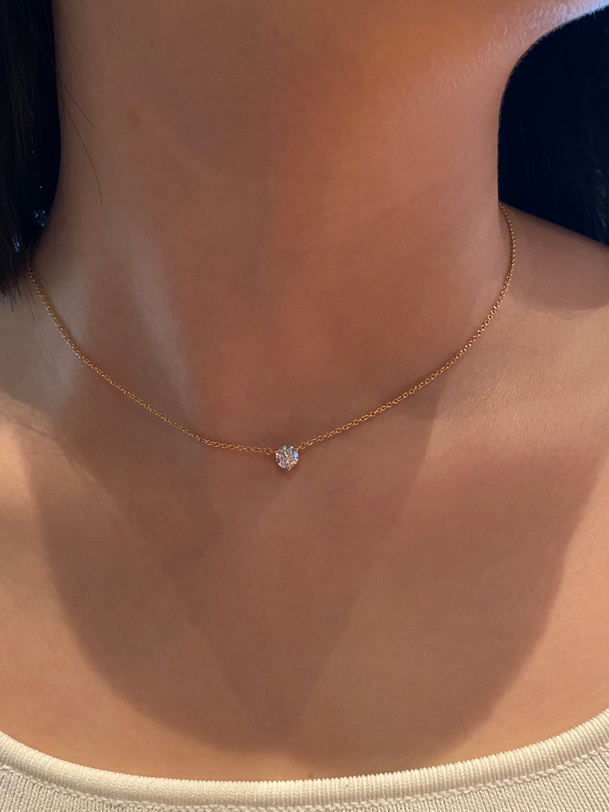 Round solitaire lab-grown diamond necklace, original wearing view 3