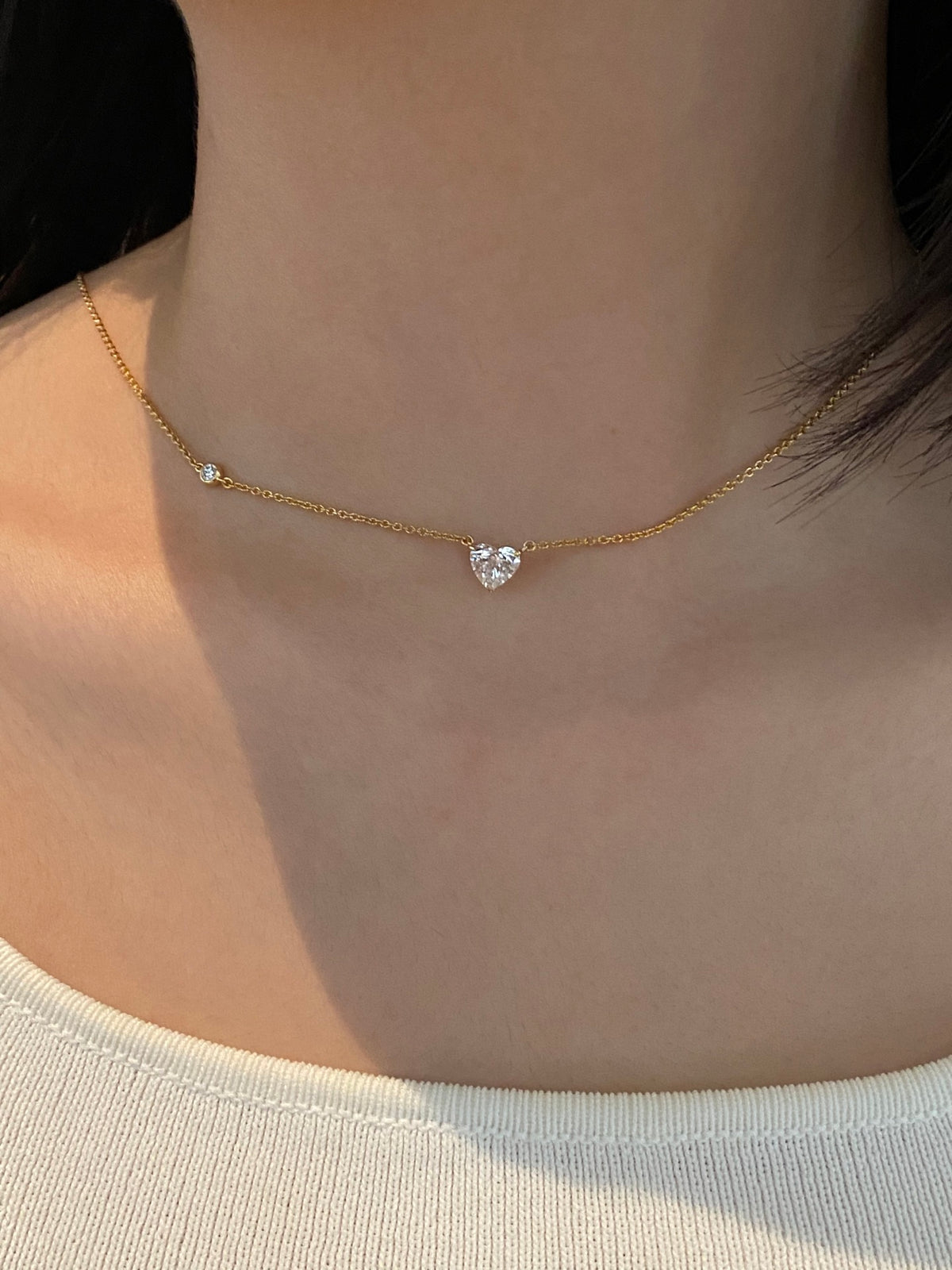 Heart-cut lab-grown diamond necklace, original wearing view 5