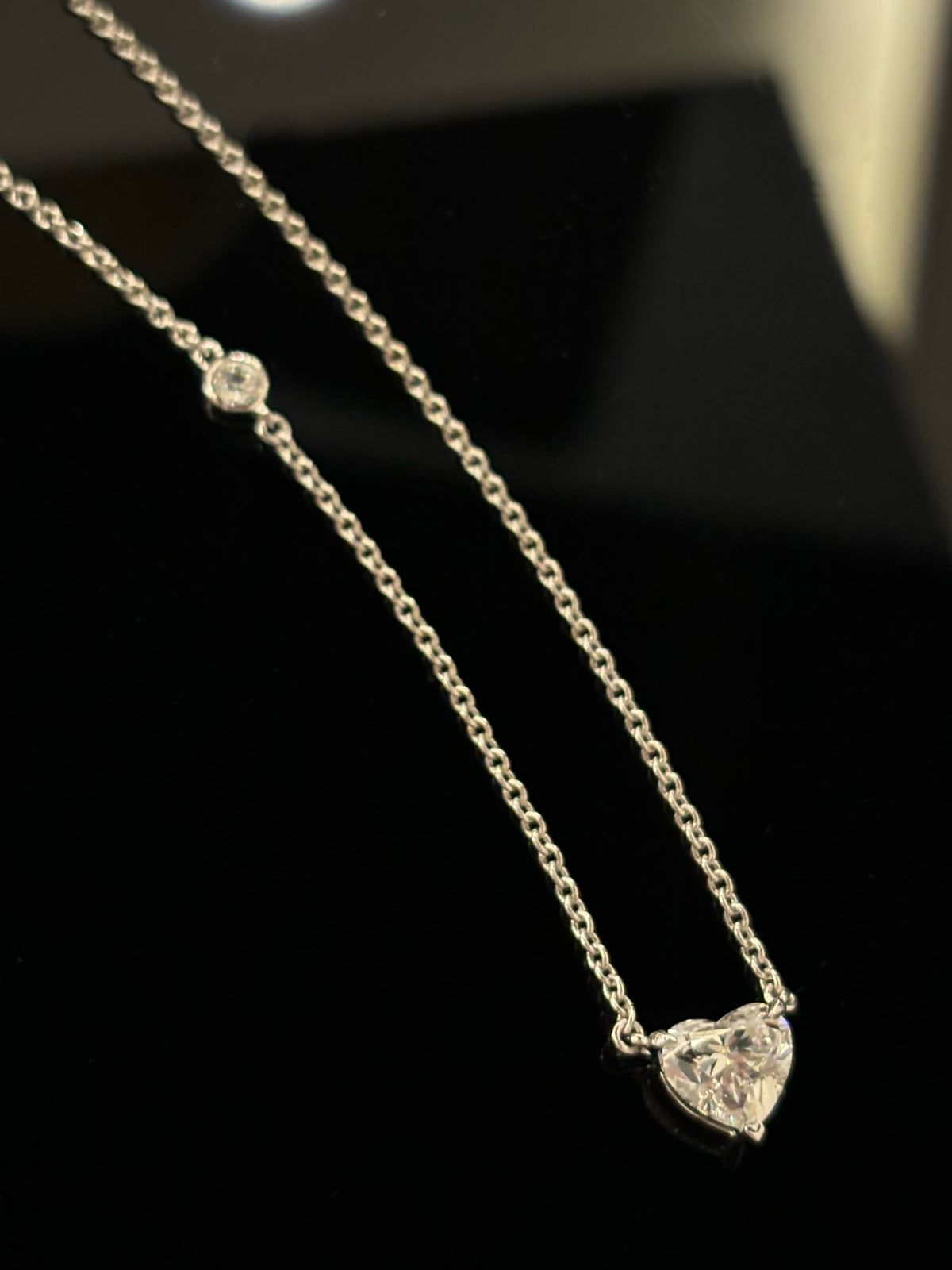 Heart-cut lab-grown diamond necklace in 18K white gold, original angled detail view