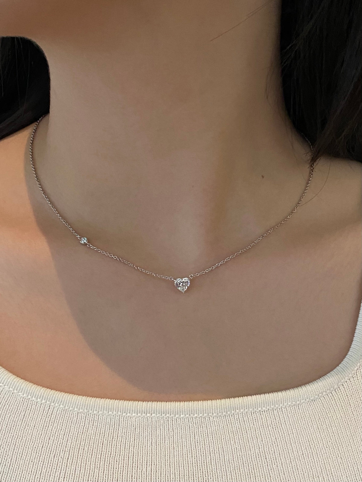 Heart-cut lab-grown diamond necklace, original wearing view 2