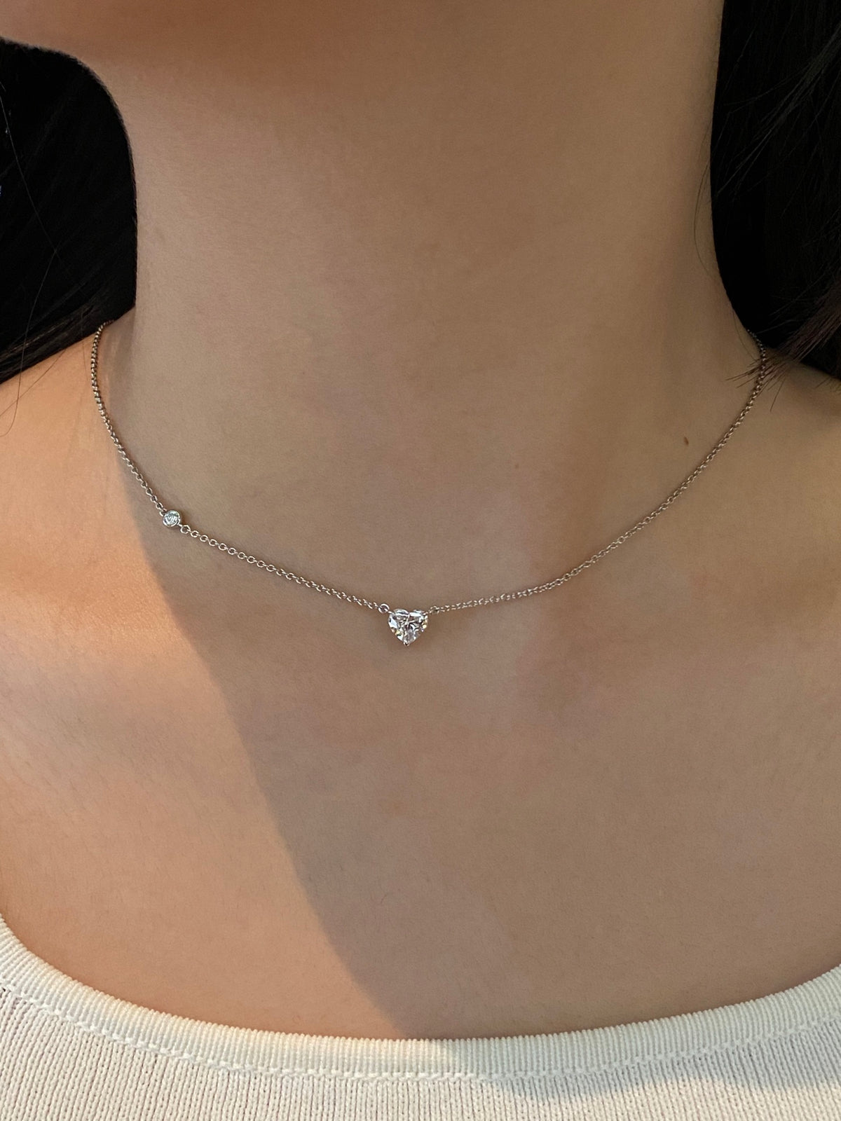 Heart-cut lab-grown diamond necklace, original wearing view 3