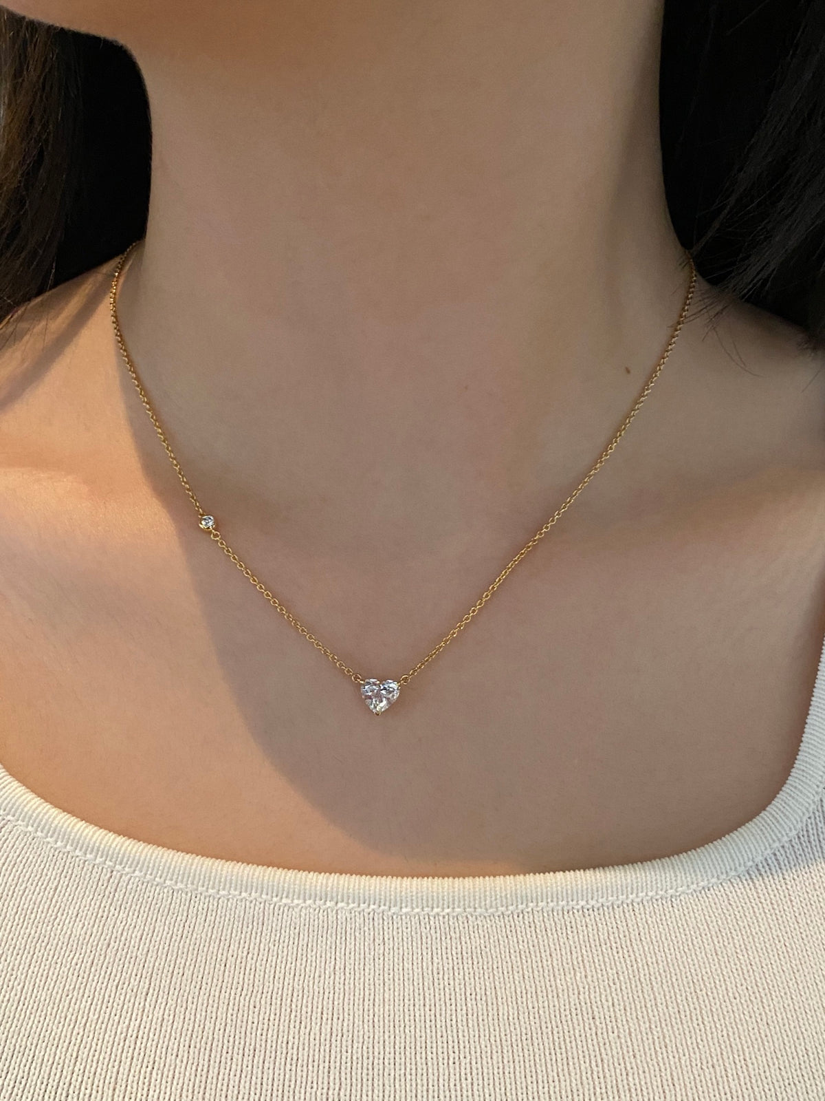 Heart-cut lab-grown diamond necklace in 18K yellow gold, original wearing view 4