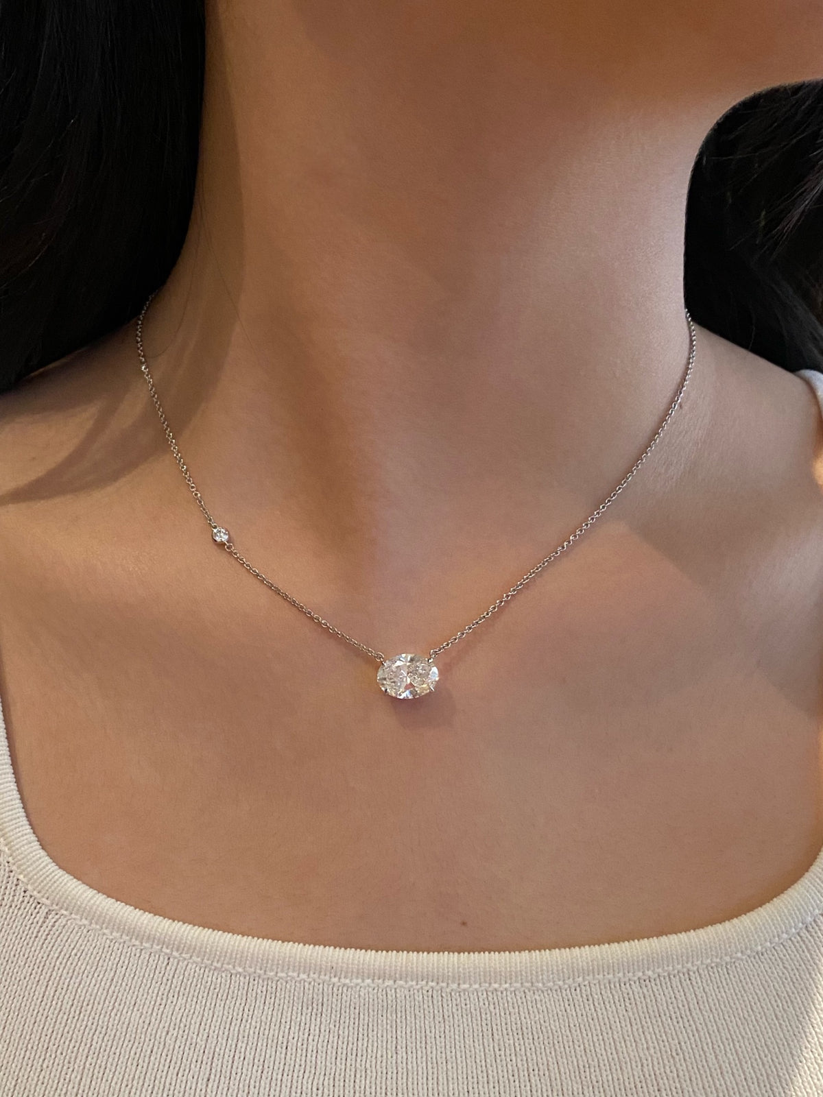 East-west oval lab-grown diamond necklace, original wearing view 1