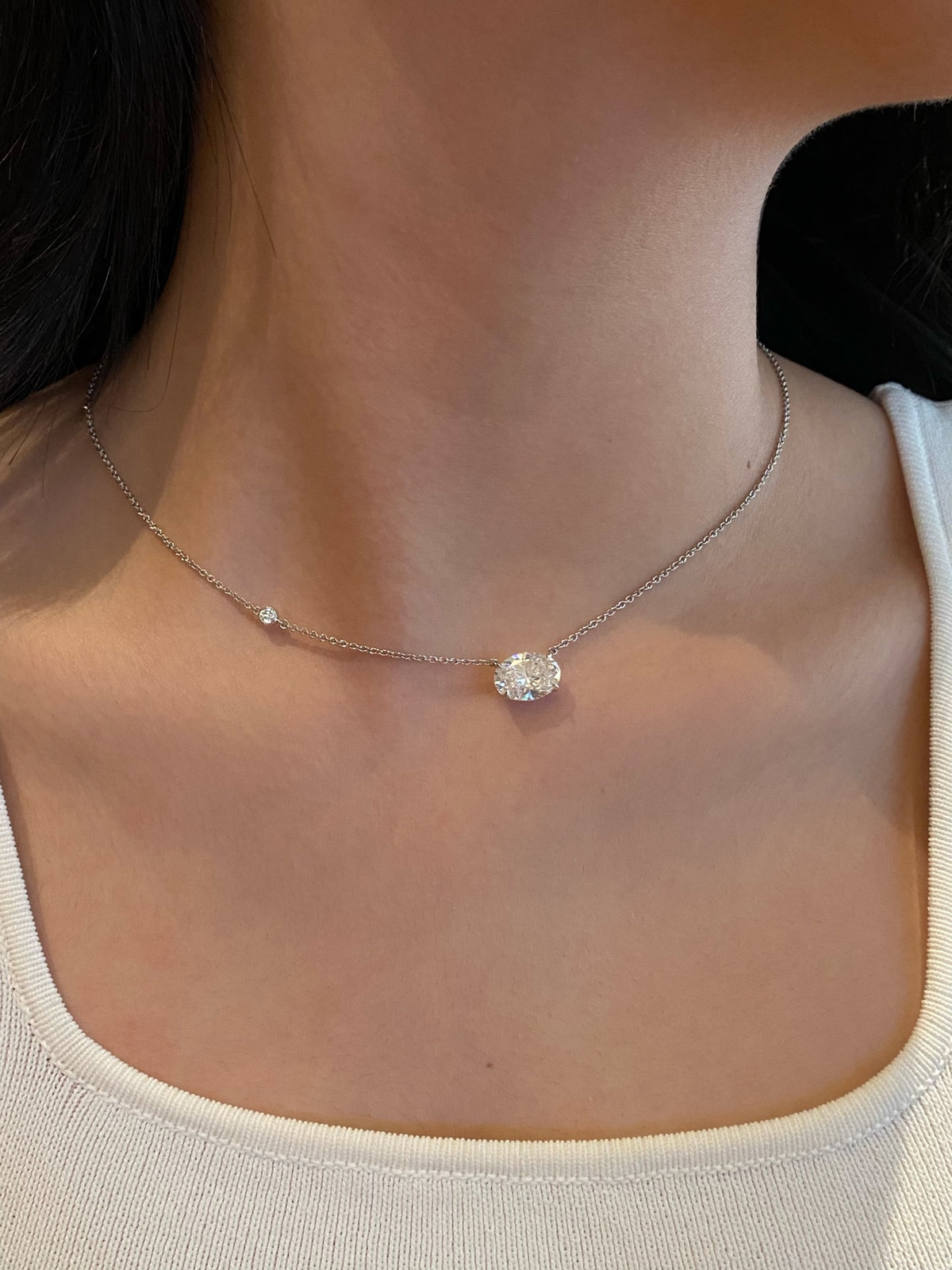 East-west oval lab-grown diamond necklace, original wearing view 2
