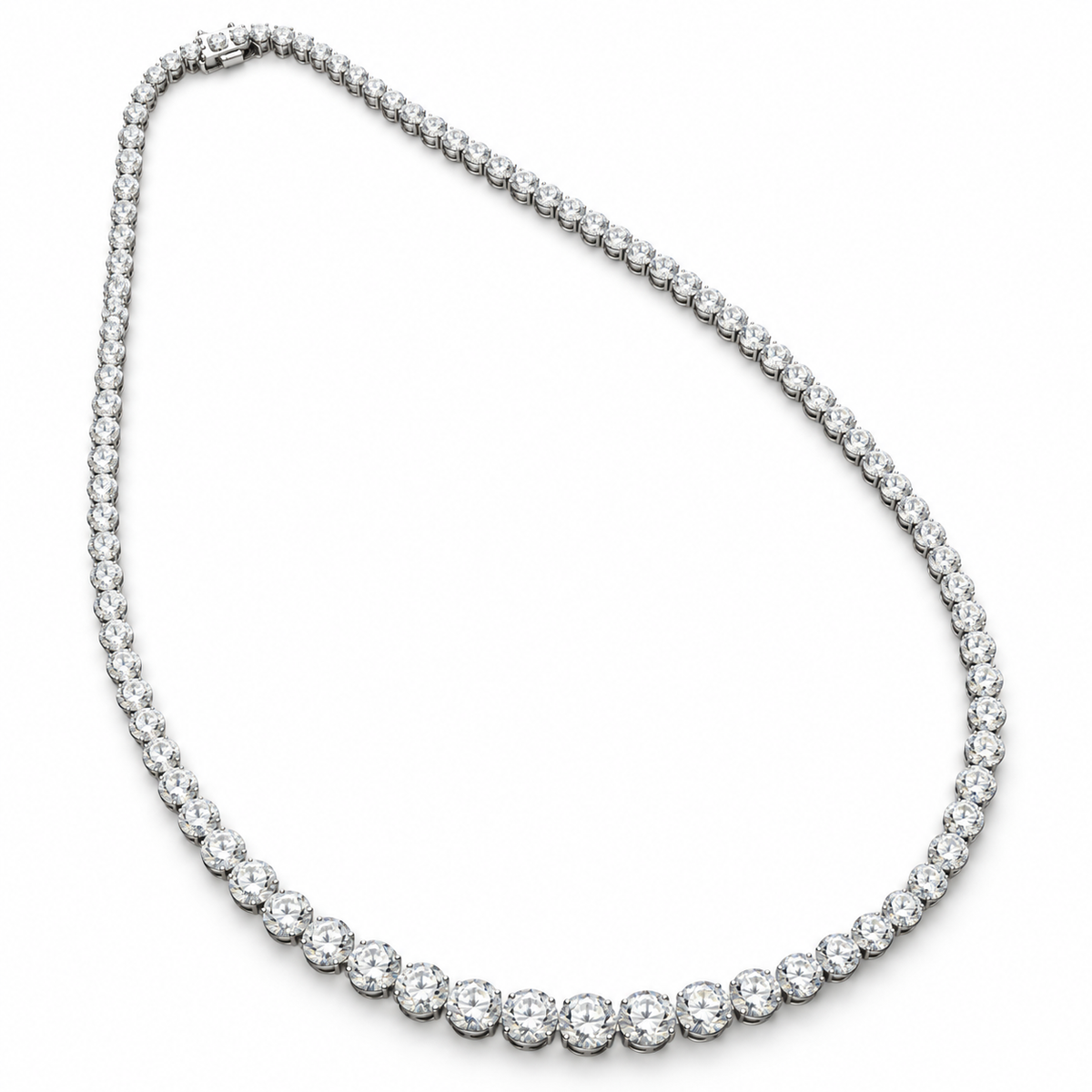 Graduated round lab-grown diamond tennis necklace in white gold, white background