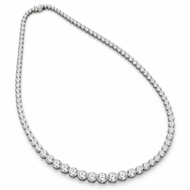 Graduated round lab-grown diamond tennis necklace in white gold, white background