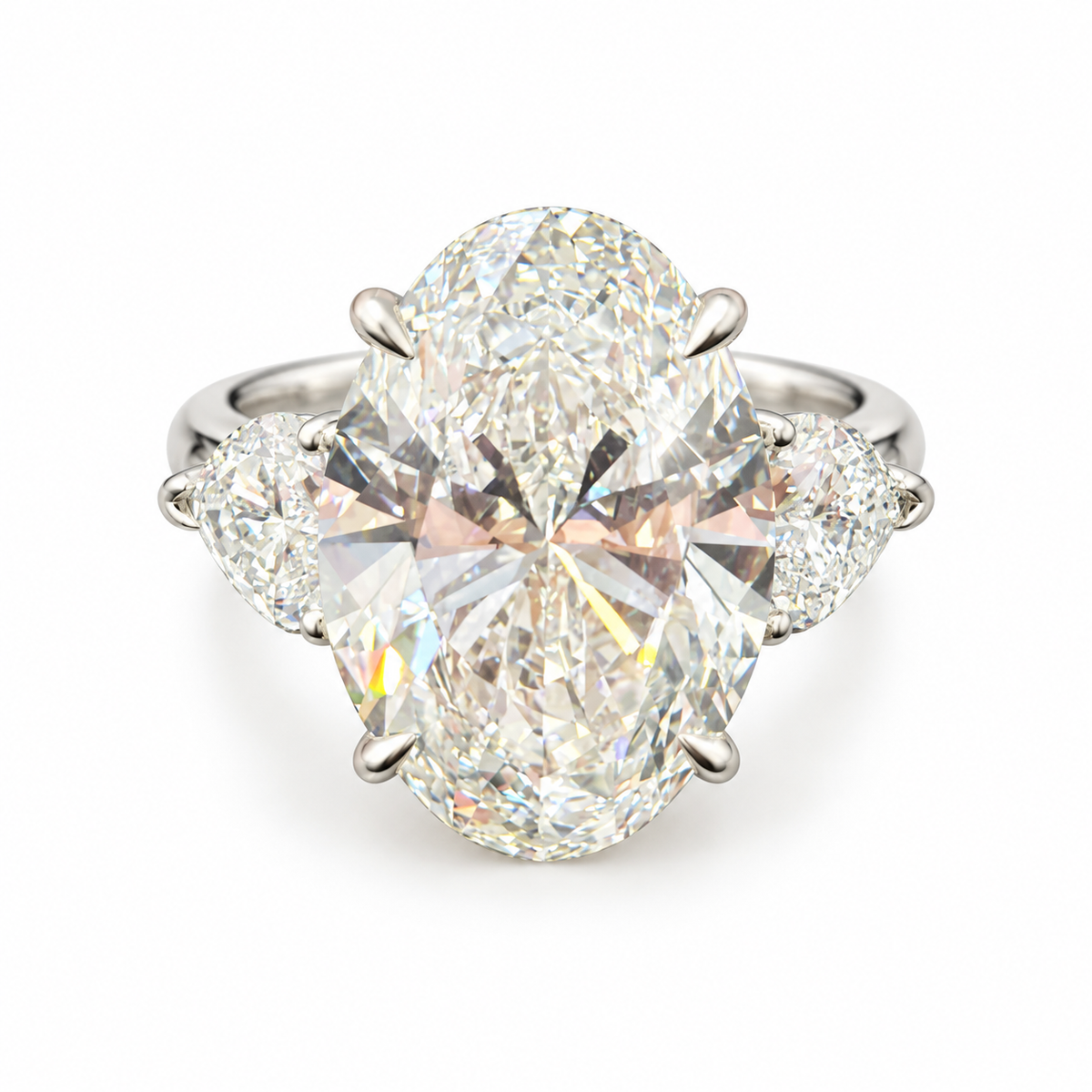 Oval and heart three-stone lab-grown diamond ring in 18K white gold, white background