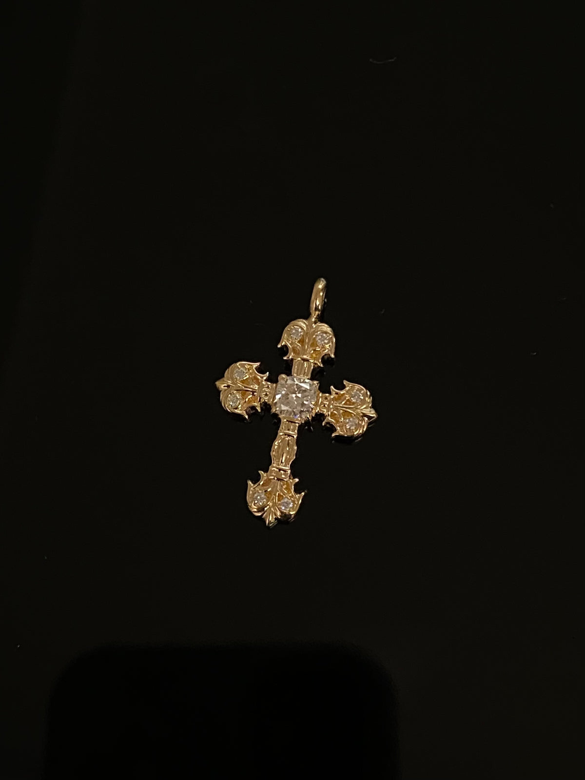 Flame cross lab-grown diamond pendant in yellow gold, original front view