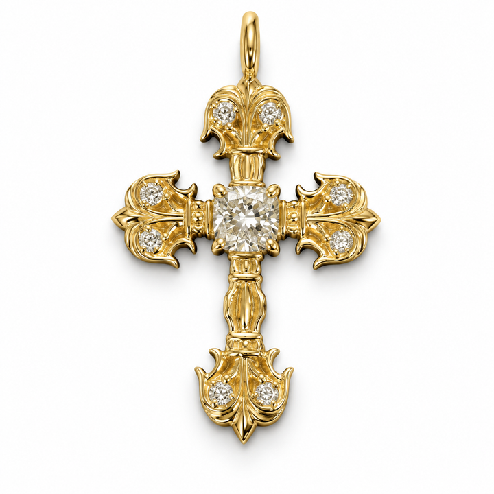Flame cross lab-grown diamond pendant in 18K yellow gold, white background; pendant only