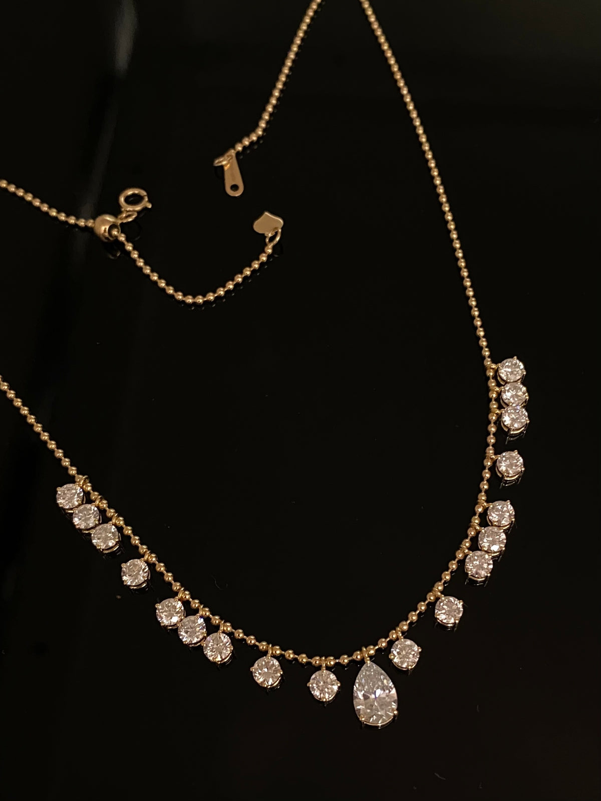 Pear and round lab-grown diamond bead-chain necklace, original view including clasp and extension detail